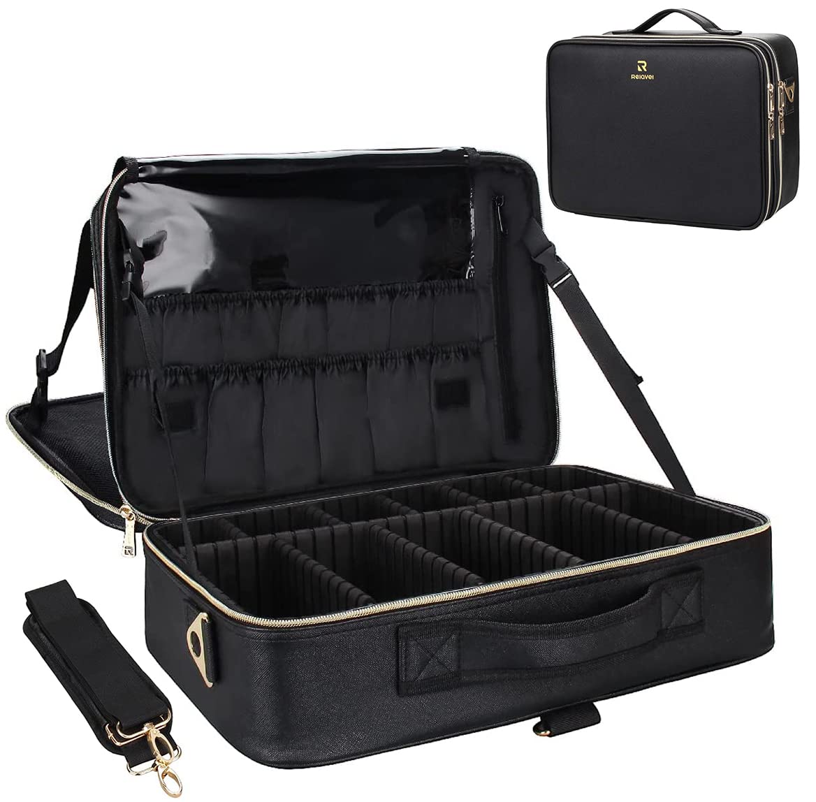 tage medicin Udlænding forarbejdning Relavel Makeup Case Large Makeup Bag Professional Train Case 16.5 inches  Travel Cosmetic Organizer Brush Holder Waterproof Makeup Artist Storage  Box, 3 Layer Large Capacity, with Adjustable Strap and Dividers(Black)  Large …