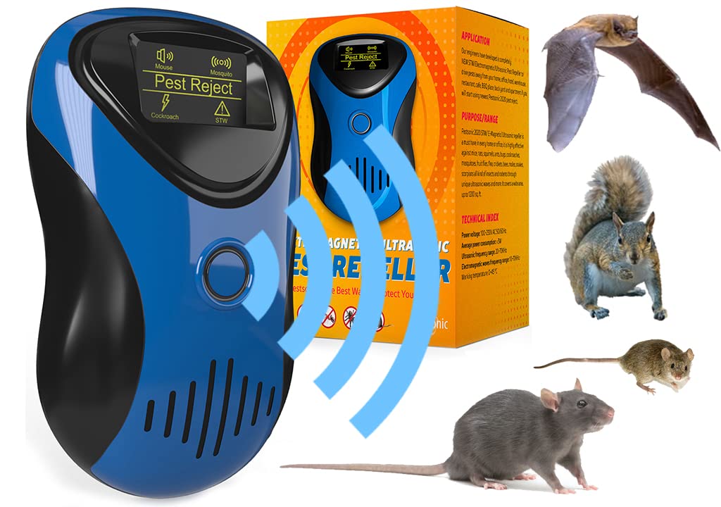 Superior Rodent Repeller, Electronic Ultrasonic Squirrel Mouse Repellent  Plug in, Rat Repeller, Repel Rodents, Mice, Rats, Squirrels(White-Blue)  Black