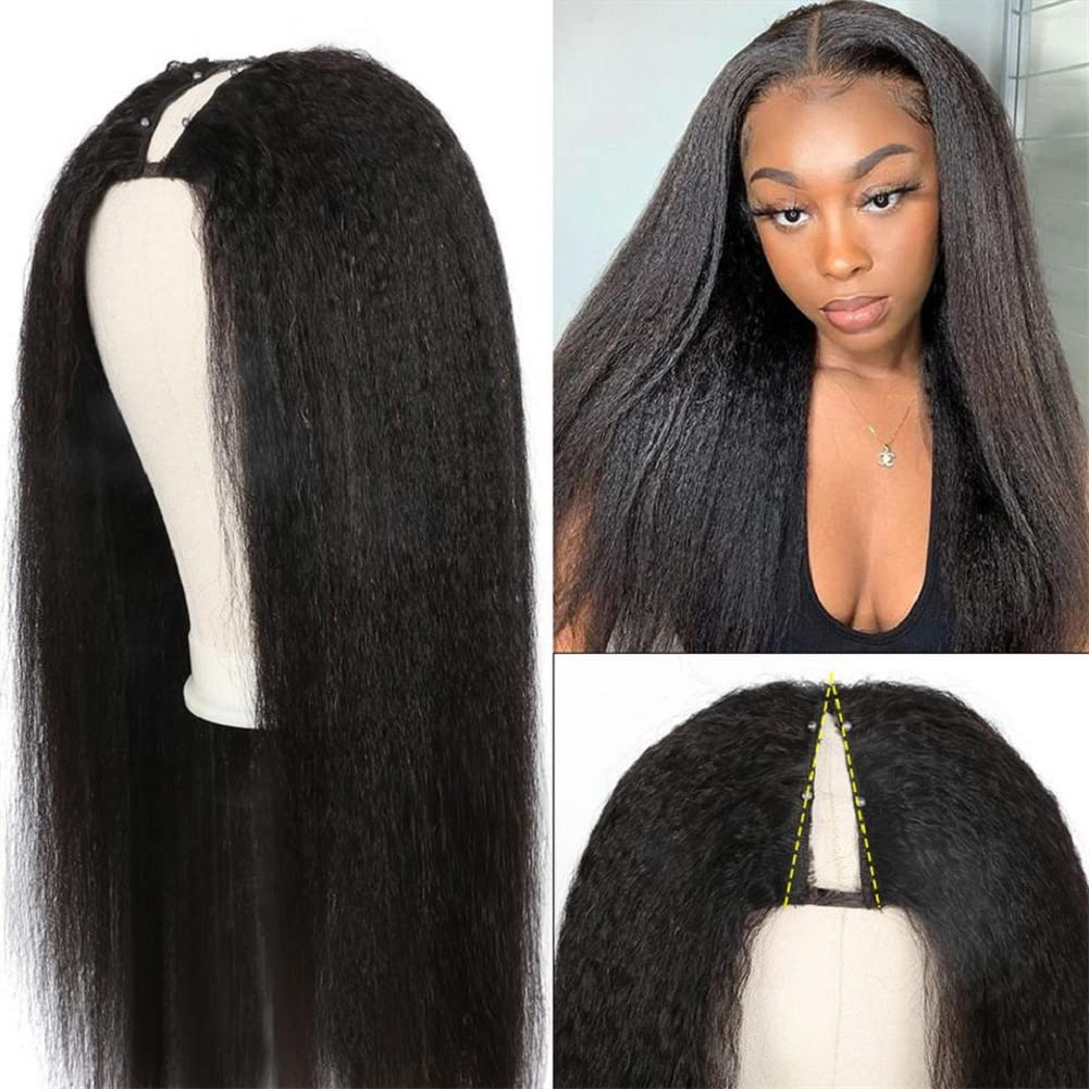 AliPearl Hair Yaki V Part Wig Human Hair Kinky Straight Wig Brazilian  Virgin Hair Glueless Full Head Clip In Half Wig V Shape Wigs Yaki Straight  Human Hair Wigs for Black Women(18inch)