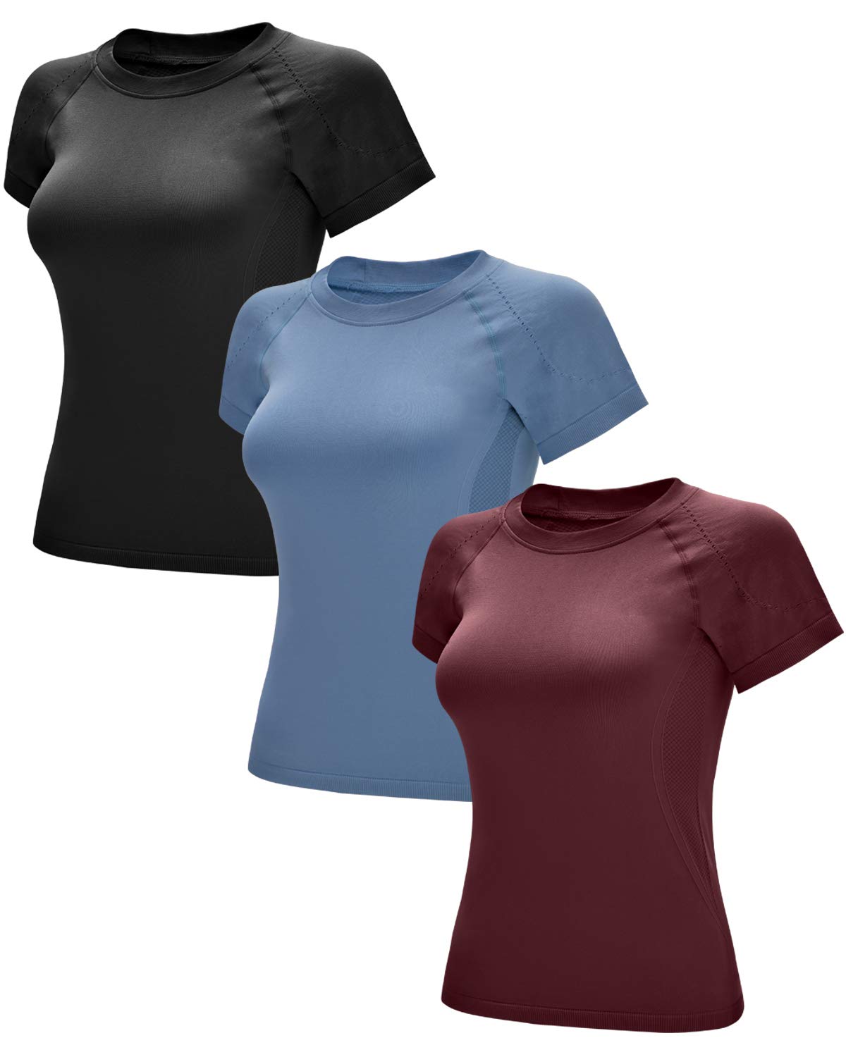 RUNNING GIRL Seamless Workout Shirts for Women Dry-Fit Short Sleeve  T-Shirts Crew Neck Stretch Yoga Tops Athletic Shirts 3pack Small