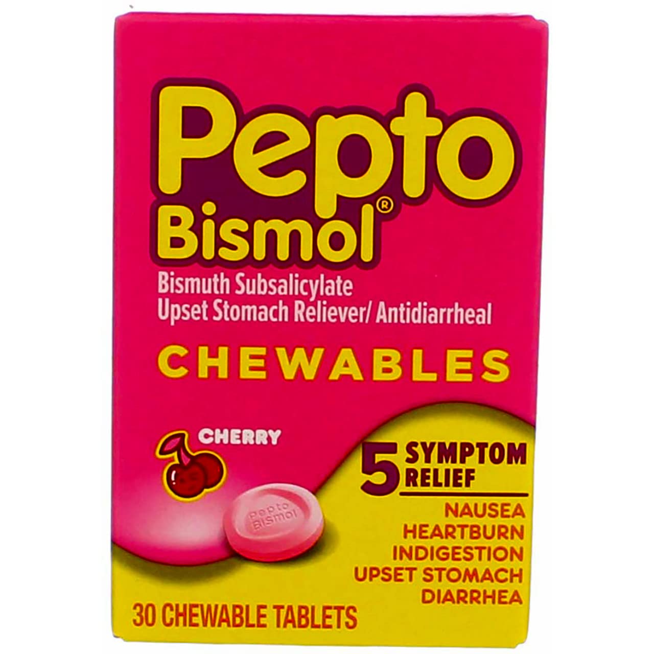 PeptoBismol 5 Symptoms Digestive Relief Chewable Tablets Cherry 30 ea