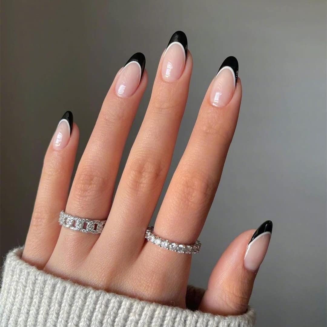 Amazon.com: ANDGING Black Press on Nails Short Medium Almond Fake Nails  Glue on Nails for Women with Matte White Glitter Rhinestone Design Cute  Acrylic False Nails Stick on Nails for Wedding Birthday