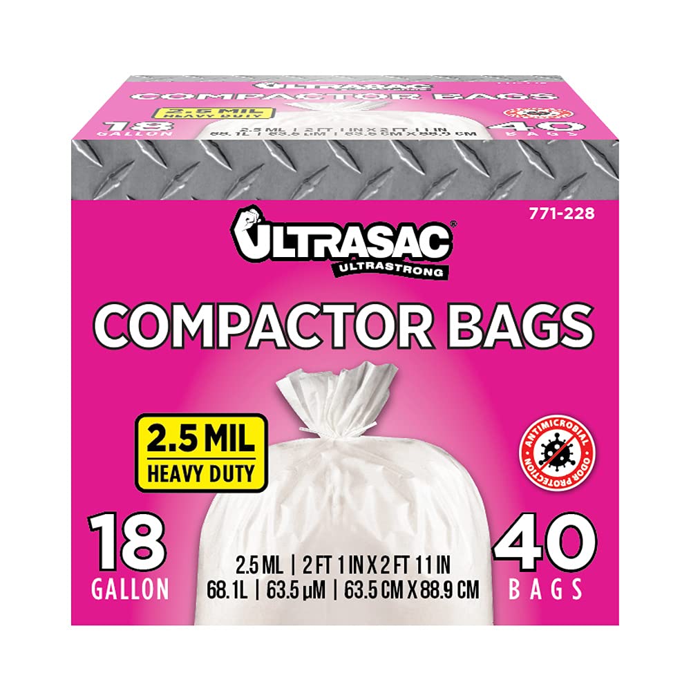 Ultrasac Compactor Bags - (40 Pack with Ties) 18 Gallon for 15 inch  Compactors - 25 x 35 Heavy Duty 2.5 MIL Garbage Disposal Bags Compatible  with Kitchenaid Kenmore Whirlpool GE Gladiator