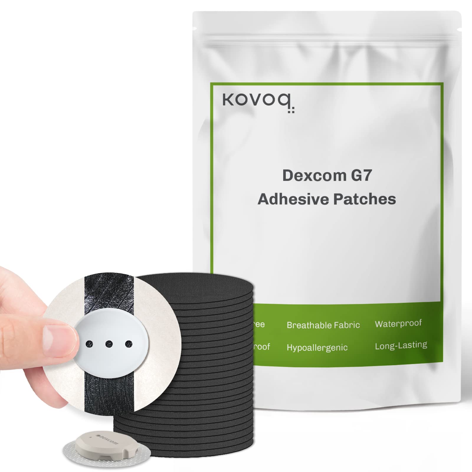 KOVOQ Dexcom G7 Adhesive Patches 25 Waterproof Adhesive Patches + 1  Reusable Hardshell Cover for Dexcom G7 Latex-Free Hypoallergenic Breathable  (BLK)