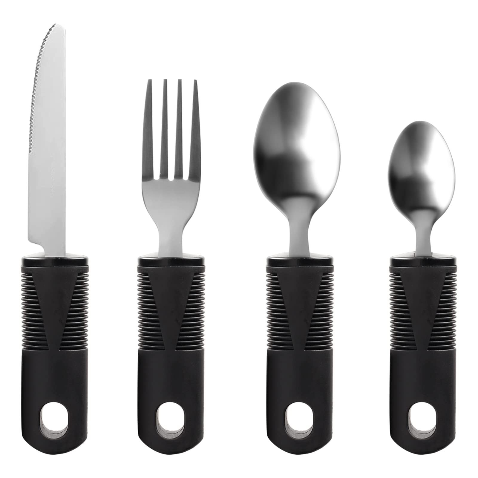 Jetisva Easy Grip Cutlery Set of 4 Black Disability Aids with Knife Fork Spoon Large Wide