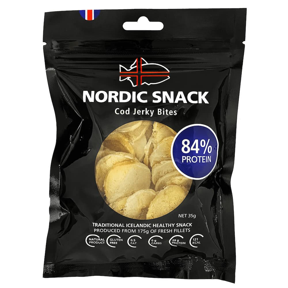 Freeze Dried Cod Bites (Hardfiskur) Wild Caught Fish Jerky  High Protein  Healthy Nordic Snack (35g Resealable Bag) 1.23 Ounce (Pack of 1)