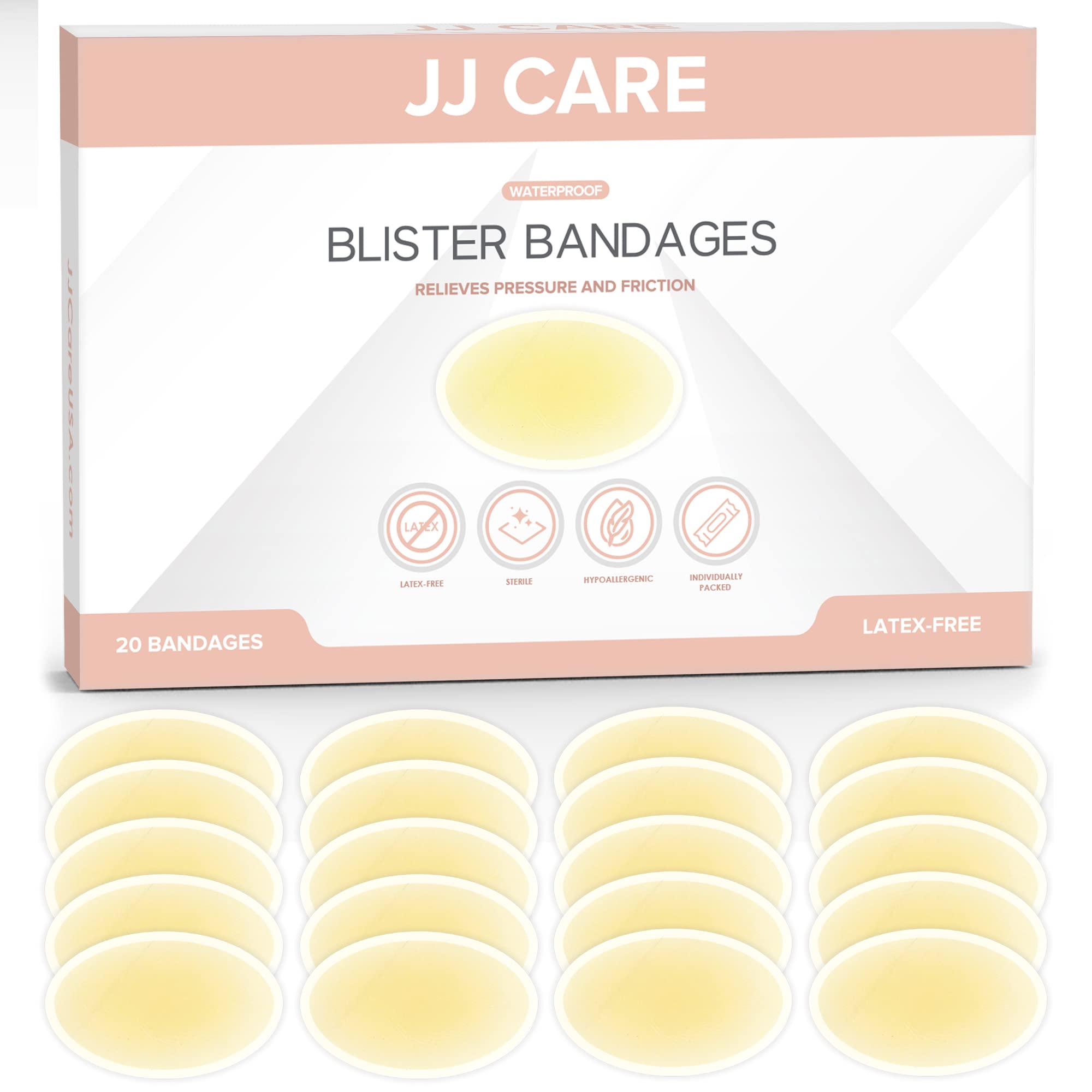 JJ CARE Blister Bandages Pack of 20 Heel Blister Pads Sterile Blister  Cushions Waterproof Blister Pads for Feet Hydrocolloid Blister Bandage  Blister Plaster for Healing and Prevention 2.72 Inch x 1.73 Inch (Pack o