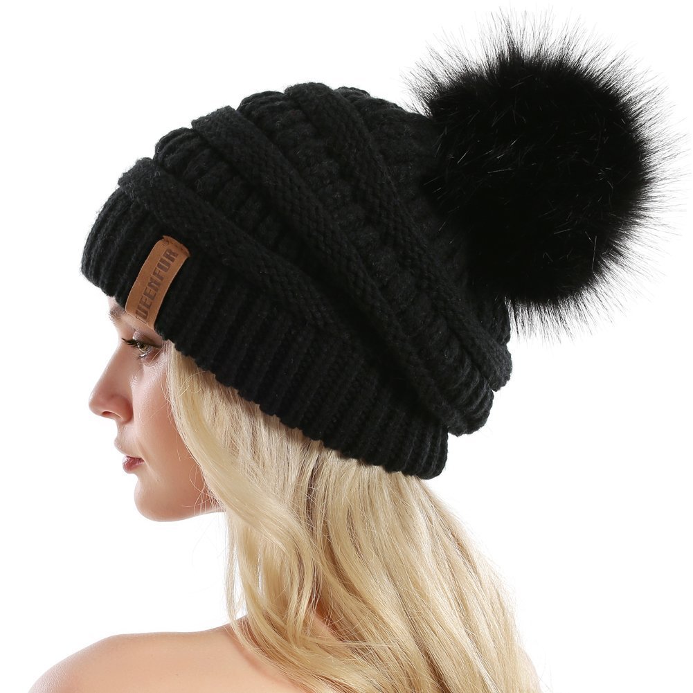 Pom Pom Beanie Hat for Winter Black / Faux Fur