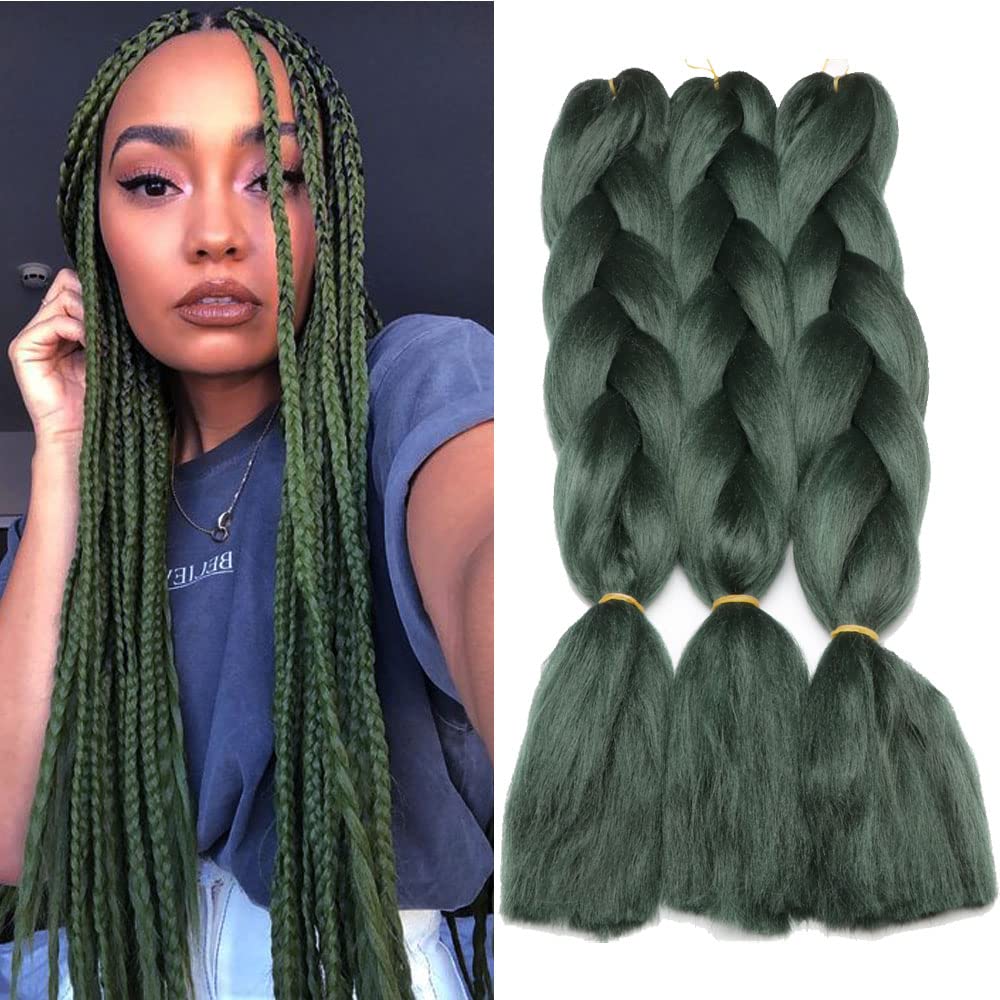 Original Jumbo Braids Hair Extension Pure Solid Dark Green Color 3pcs  24inch 100g/pc For Twist Box Braiding Hair (dark green)