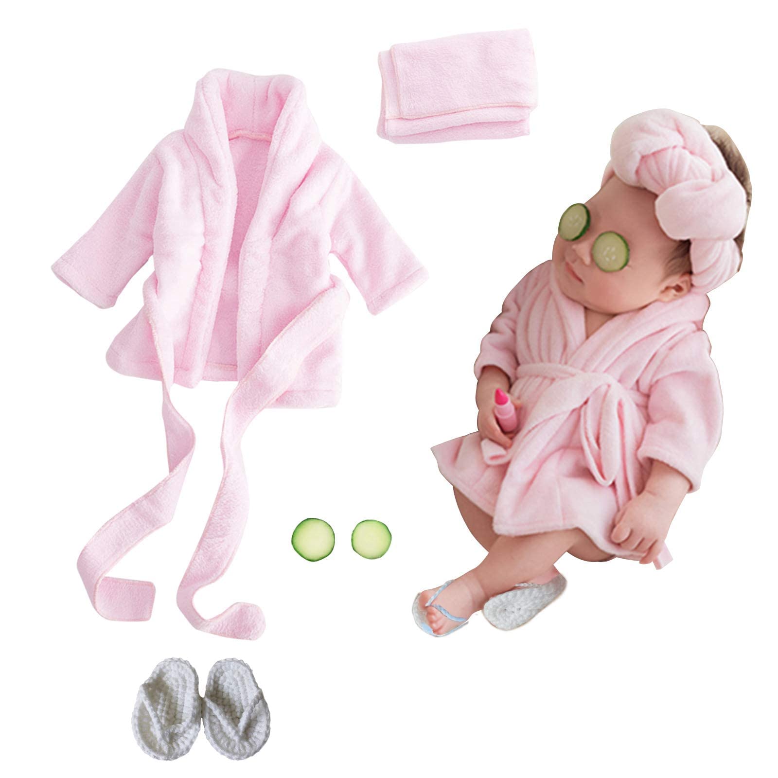 SPOKKI Newborn Photography Props Baby Girl 5 PCS Bathrobes Bath Towel  Outfit with Slippers Cucumber Photo Props for Infant Boys Girls(0-6 Months)  (Pink)