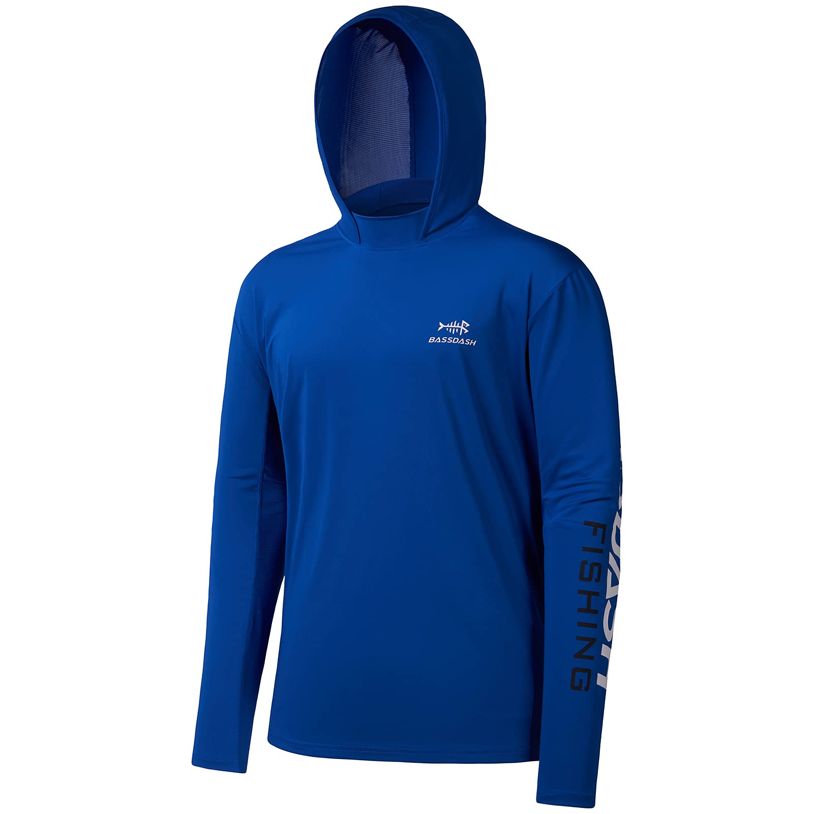 BASSDASH UPF 50+ Mens UV Sun Protection Long Sleeve Performance Fishing  Hoodie Hooded Shirts Royal Blue/White Logo Medium