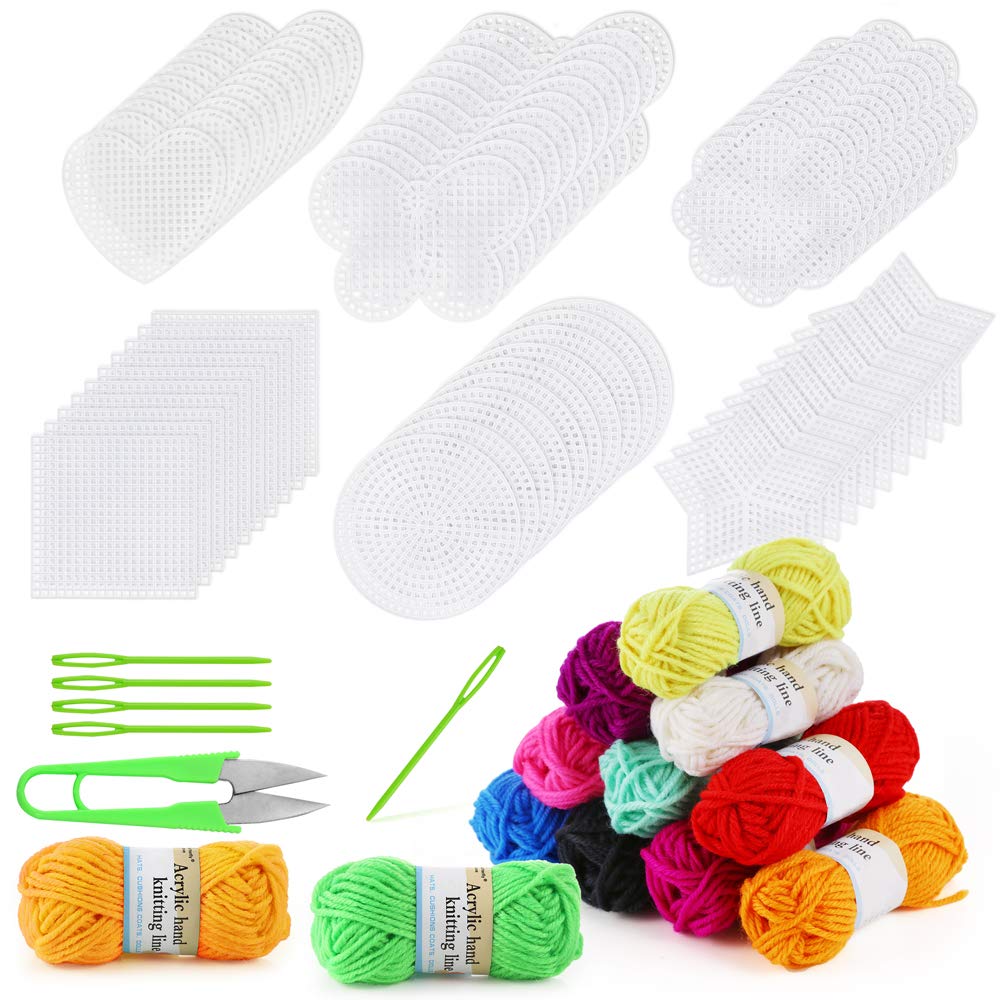 Pllieay 60 Pieces Mesh Plastic Canvas Kit Including 6 Shapes 3 Inch Clear  Plastic Canvas, 12 Colors Acrylic Yarn and Tools for Embroidery Plastic  Canvas Craft, Knit and Crochet Projects