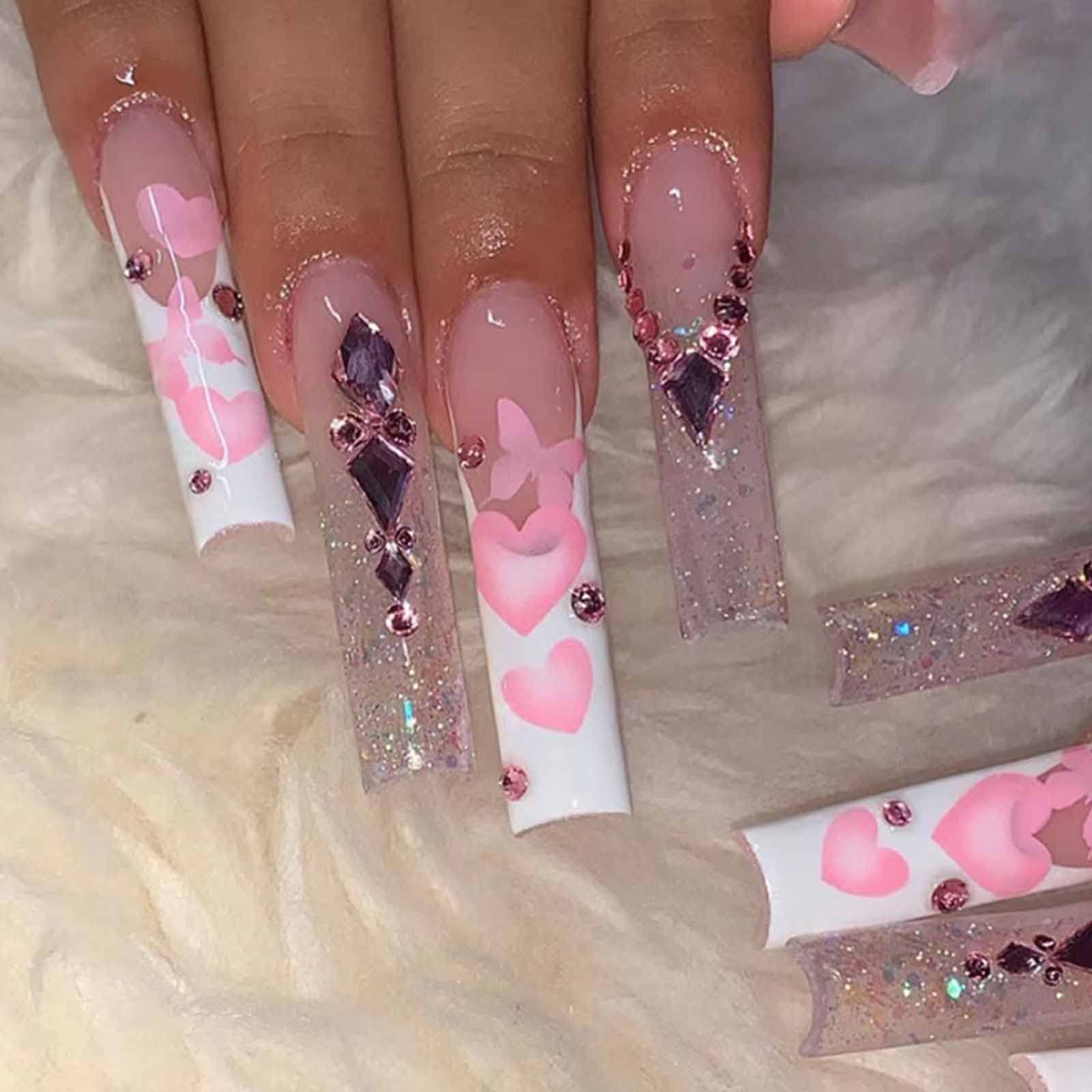 Kamize Long Pink Press on Nails Heart Coffin Rhinestones Fake