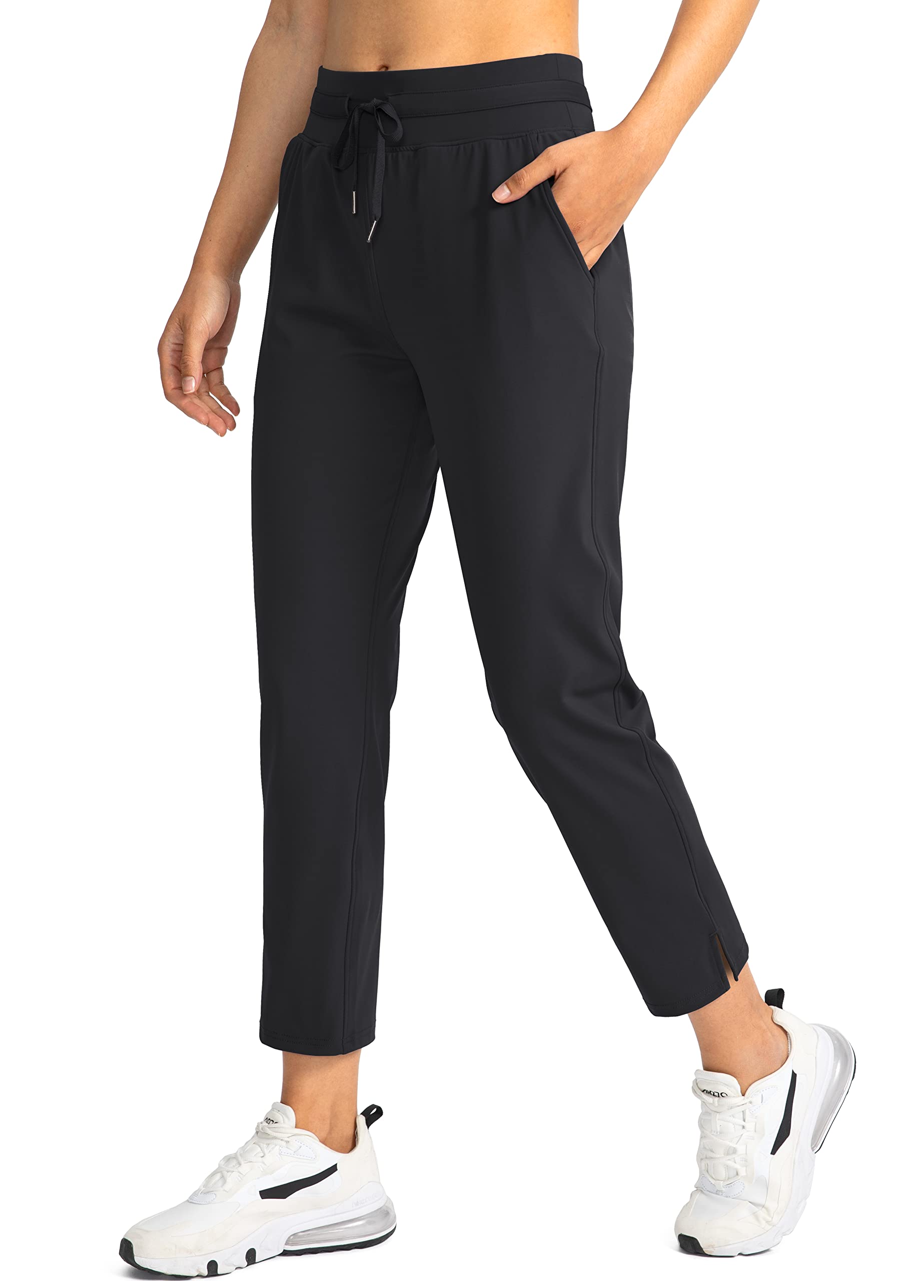 SANTINY Women's Golf Pants with 3 Zipper Pockets 7/8 Stretch High Waisted  Ankle Pants for Women Travel Work Black Medium
