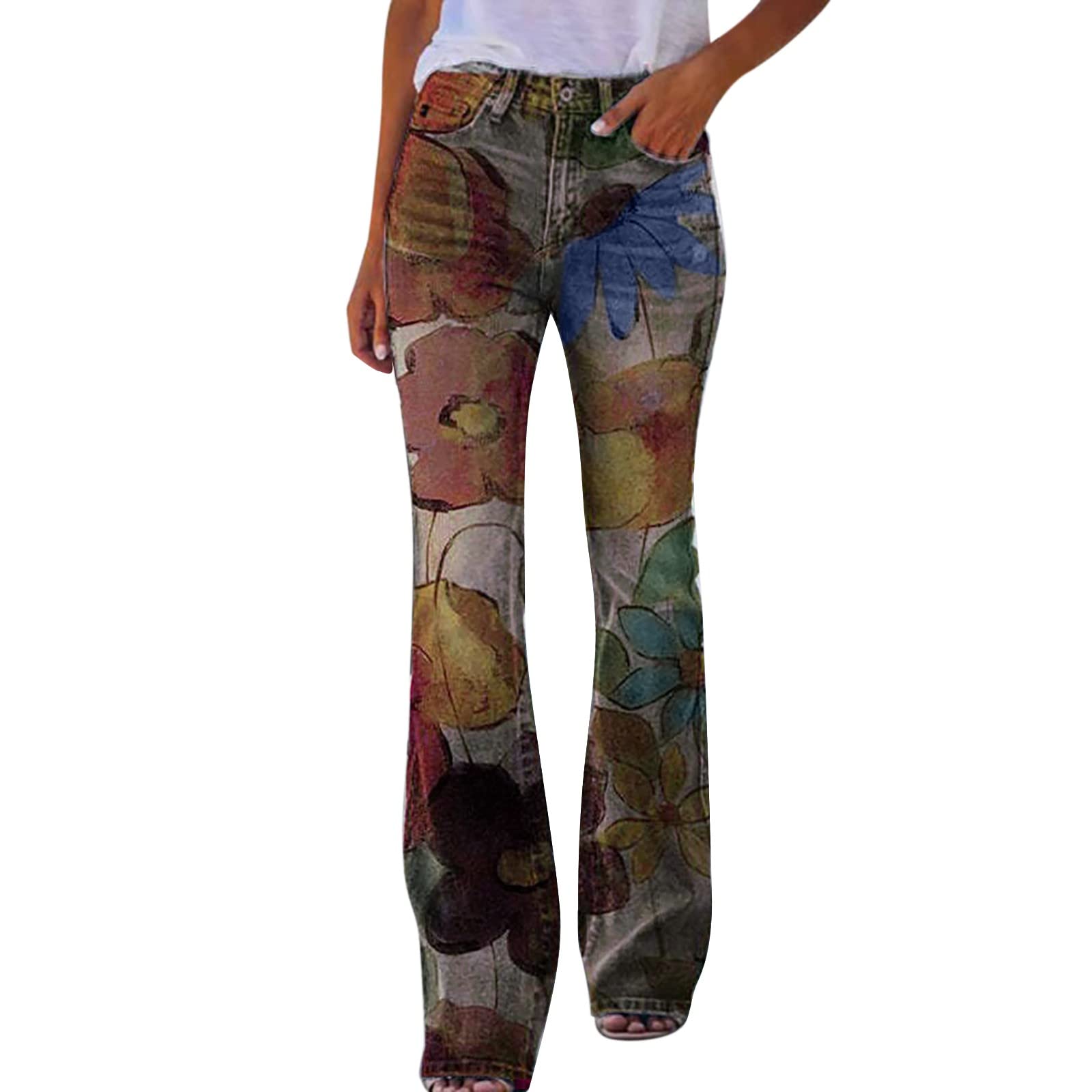 Women High Waist Floral Bell-bottom Denim Jeans Flared Trousers