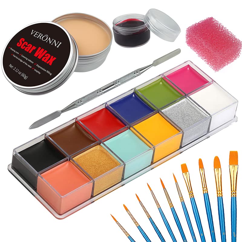 VERONNI 6PCS SFX Makeup Kit 12 Colors Face Body Paint Oil Halloween Cosplay  with Special Effects Wound Scar Wax Fake Scab Blood Spatula 10 Brushes 1  Stipple Sponge(1)