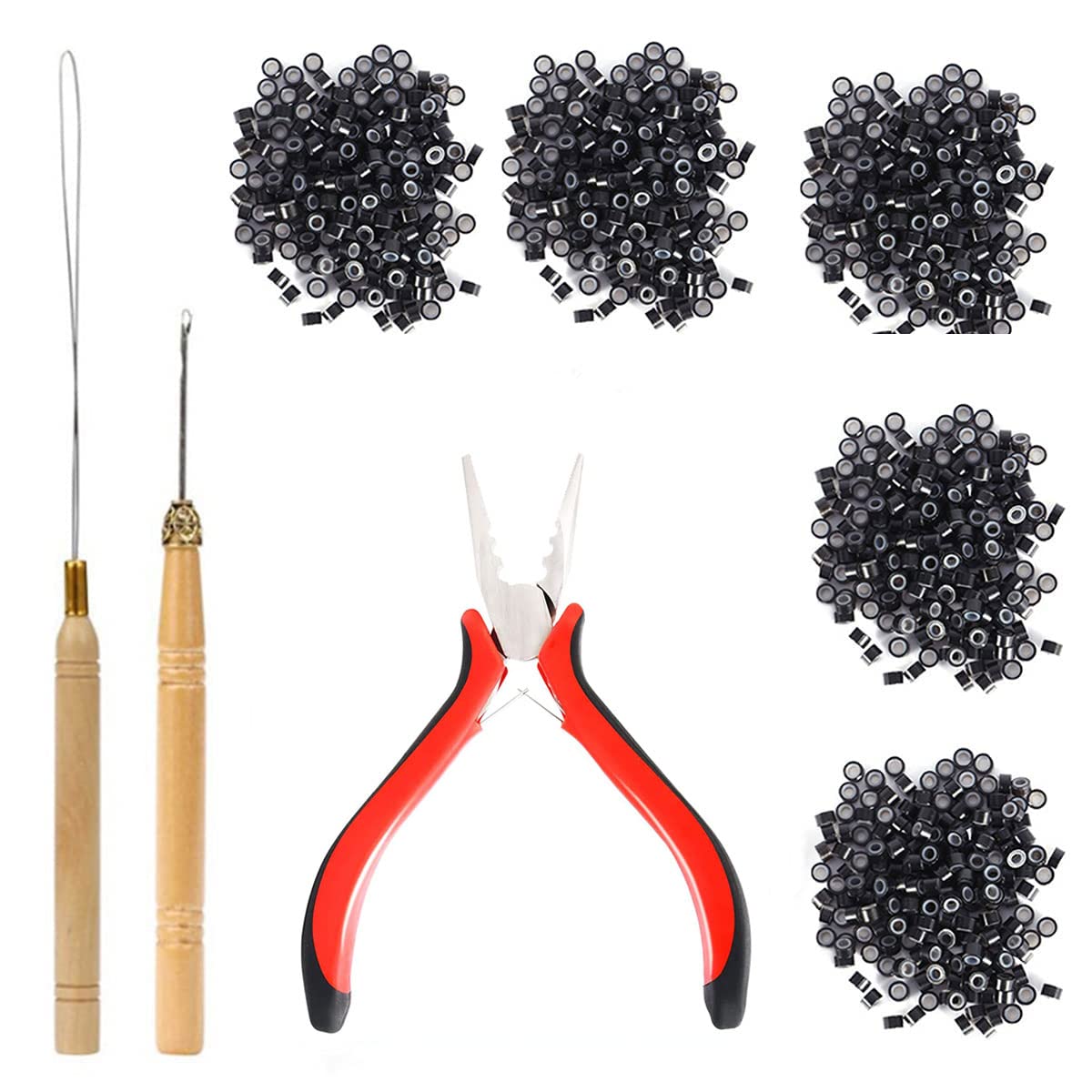 Hair Extensions Tools Kit 500 Pcs Micro Ring Beads 1 Hair Extension Plier 1  Hook Needle 1 Pulling Loop for Fairy Hair Tinsel Strands Professional Hair