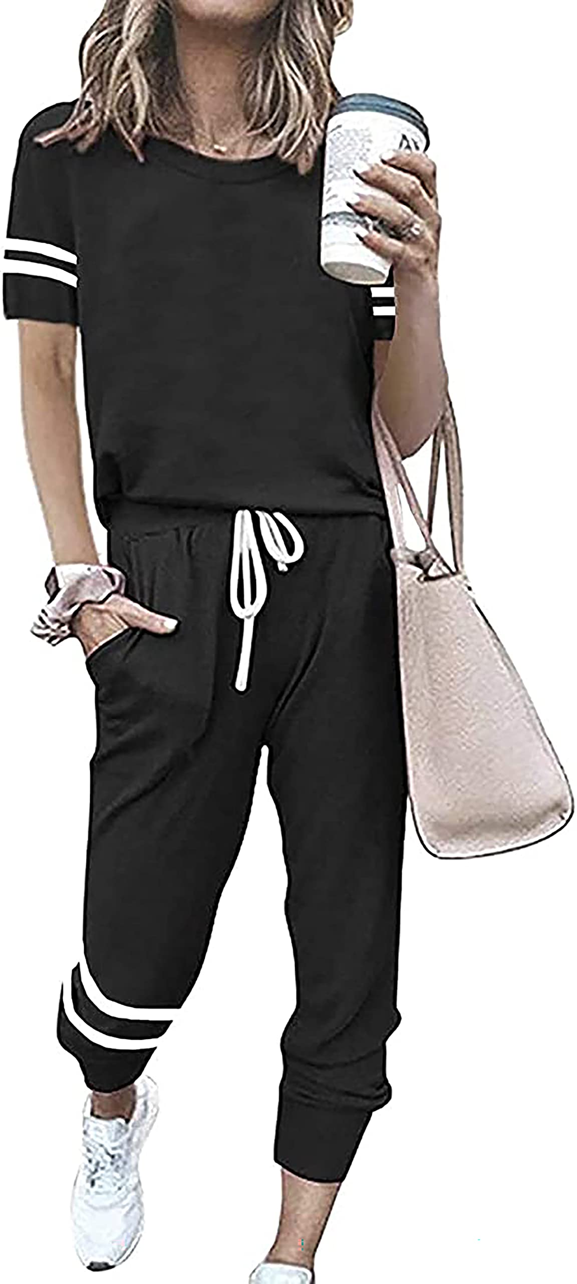 PRETTYGARDEN Womens Two Piece Outfits Striped Short Sleeve Pullover and  Long Pants Tracksuit Pajama Lounge Jogger