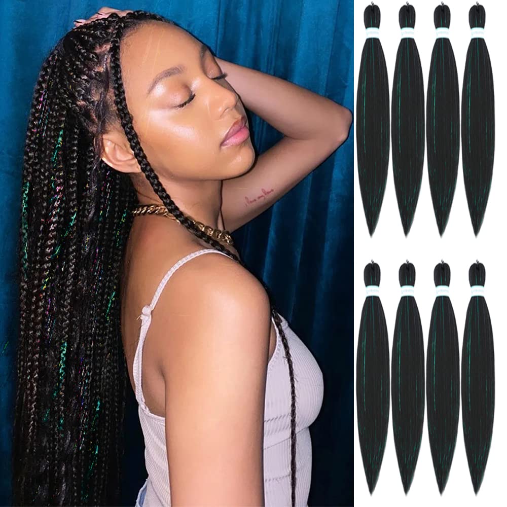 Pre Stretched Braiding Hair , Ombre Braiding Hair Mixed Hair Tinsel 22 Inch  8 Packs Sparkle Braids Crochet Hair Professional Synthetic Yaki Texture Hair  Tinsel Heat Resistant Hot Water Setting Hair Extensions (22Inch 1B#) …