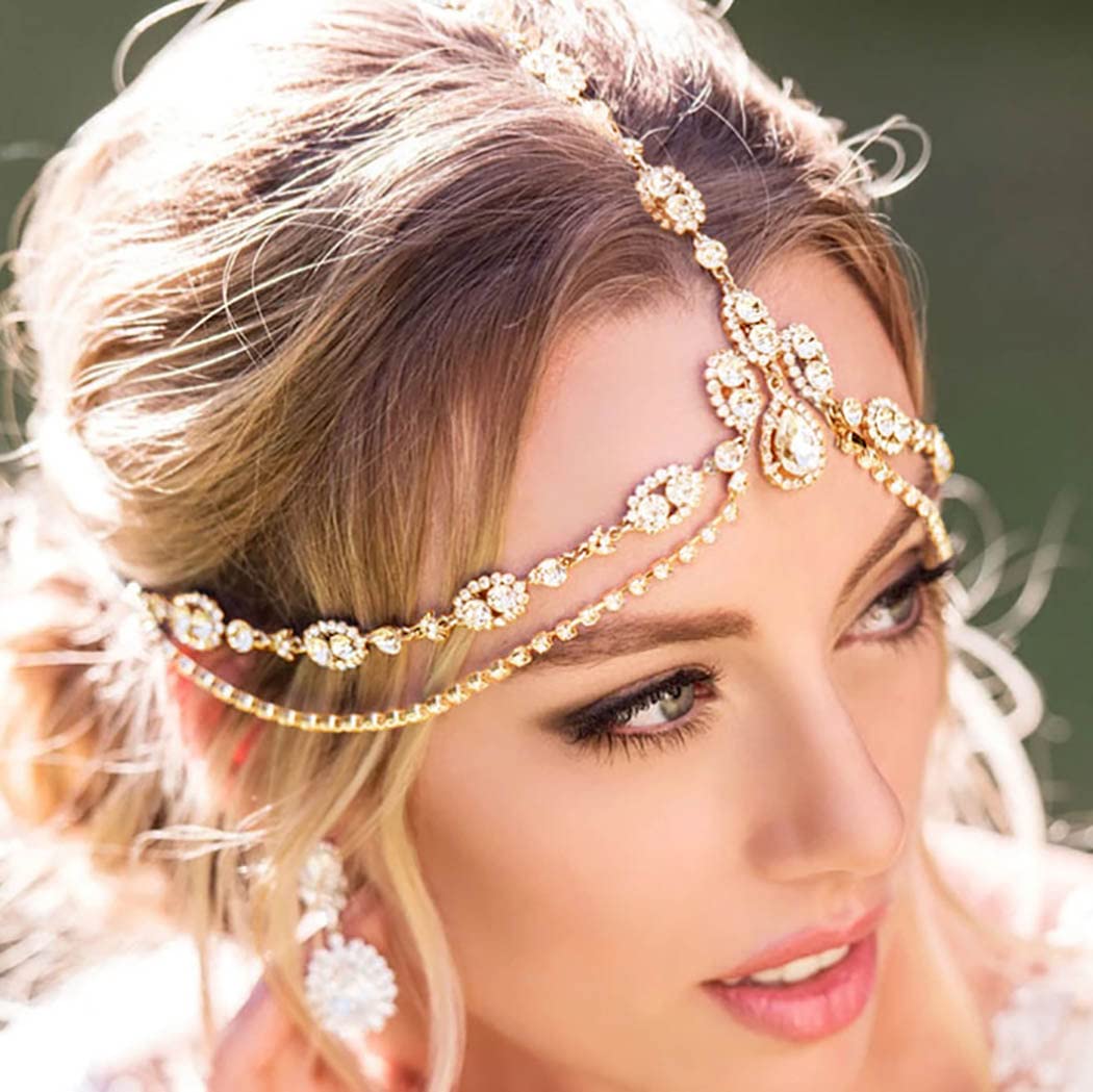 Unsutuo Rhinestone Head Chain Wedding Head Chain Jewelry Gold Forehead Hair  Jewelry Bohemian Headbands Crystal Wedding Headpiece for Women and Girls  (Gold)