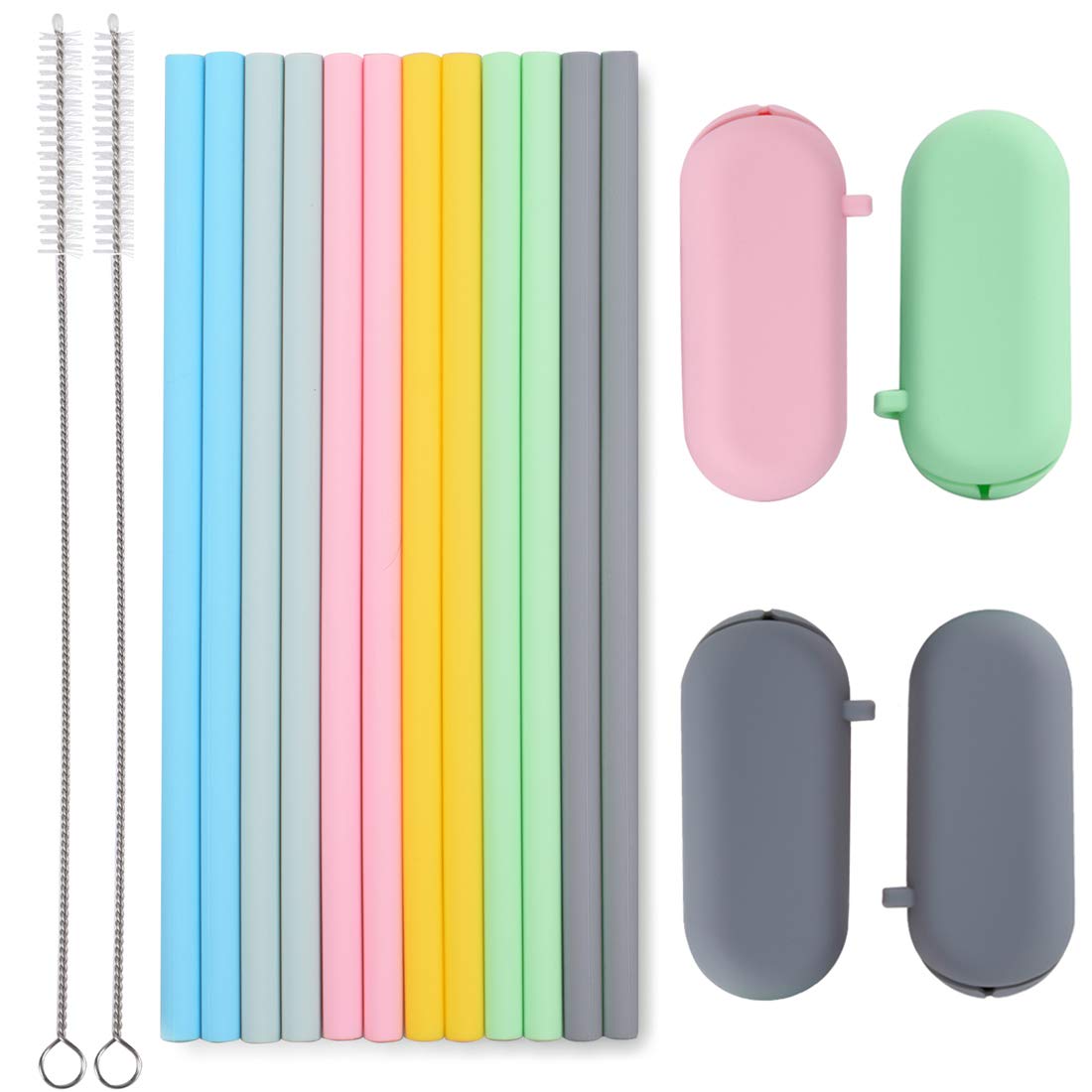 12 Set Silicone Straws with Case Reusable Straws Travel Portable
