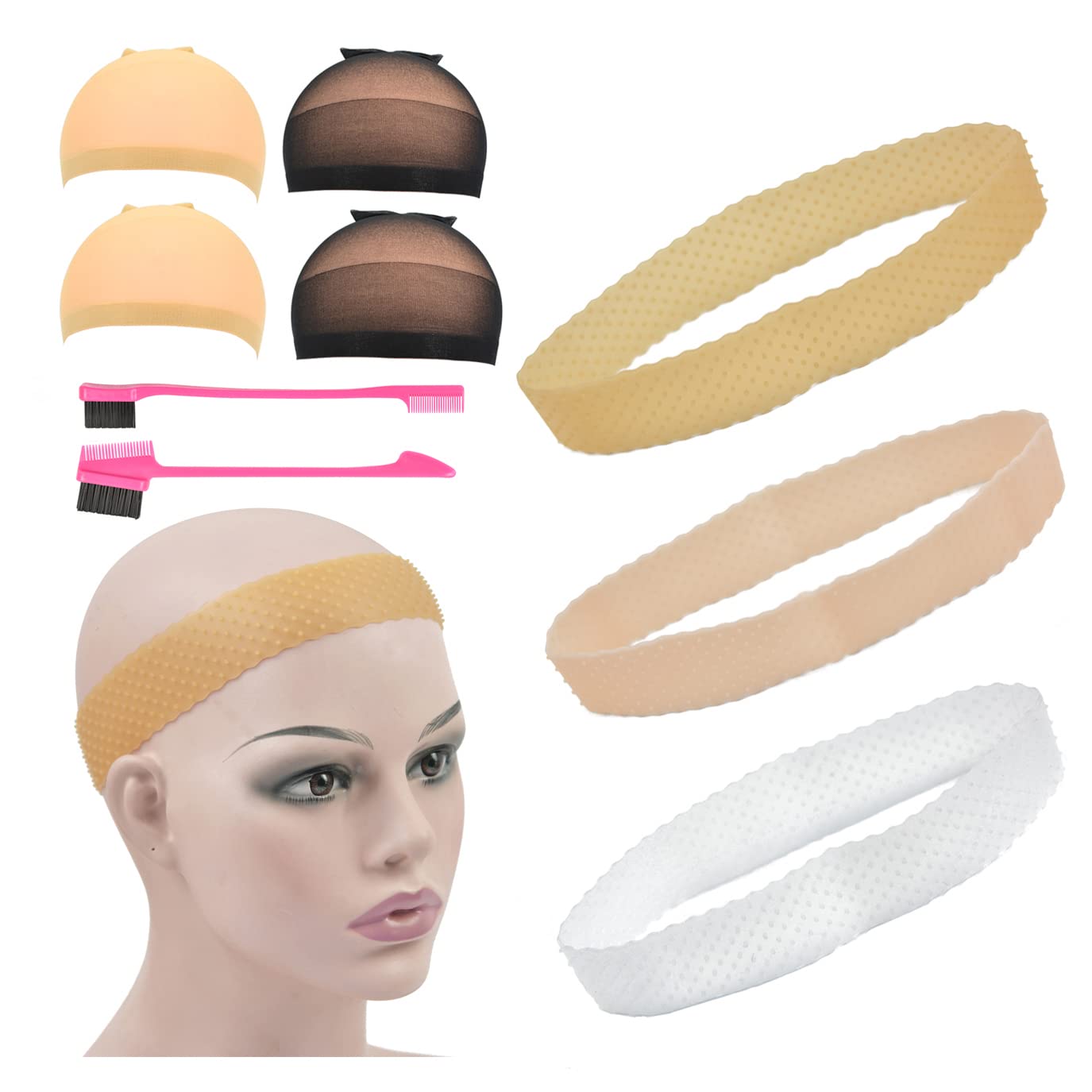 YTBYT 3 Pcs Silicone Wig Grip Band Non-Slip Elastic Headbands 4 Pcs Wig  Stocking Caps and 2 Pcs Hairbrush for Hold Wig (Mixing)