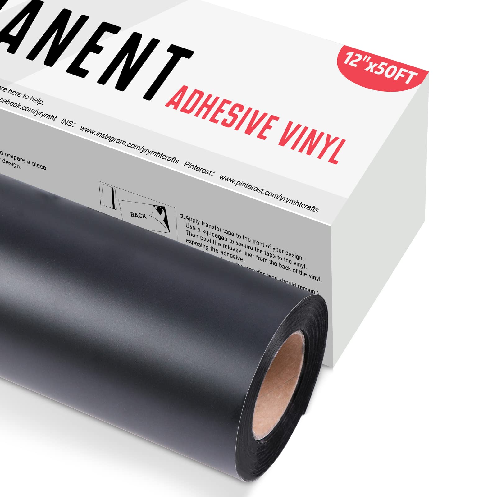 YRYM HT Black Permanent Adhesive Vinyl Roll - 12 x 50 FT for Signs  Scrapbooking Adhesive Vinyl Sheets for Cricut Silhouette and Cameo Cutters