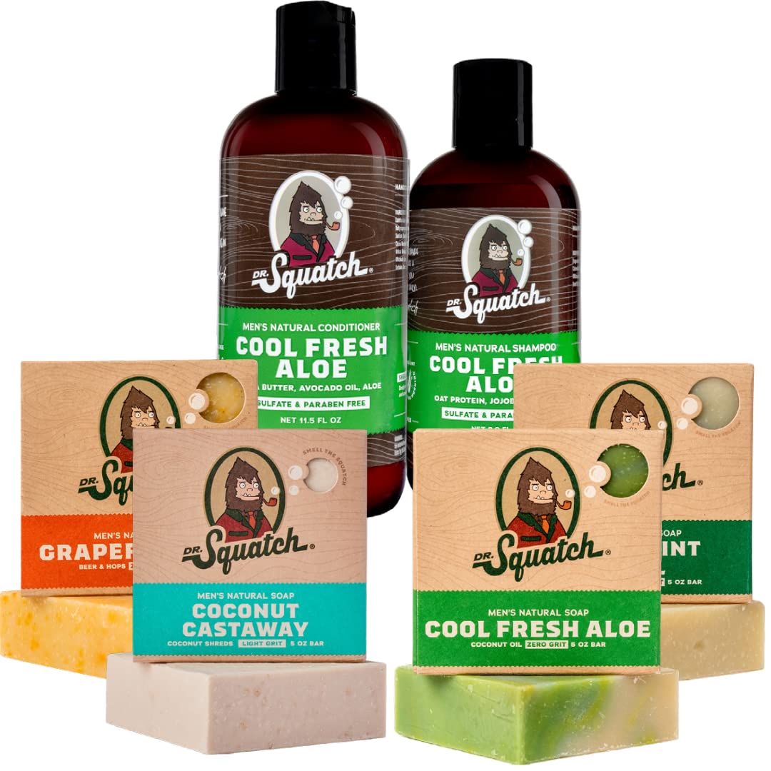 Dr. Squatch Men's Bar Soap and Hair Care BEACH Expanded Pack: Men's Natural  Bar Soap: Coconut Castaway Cool Fresh Aloe Shampoo and Conditioner Set Cool  Fresh Aloe Grapefruit IPA Spearmint Basil Cool