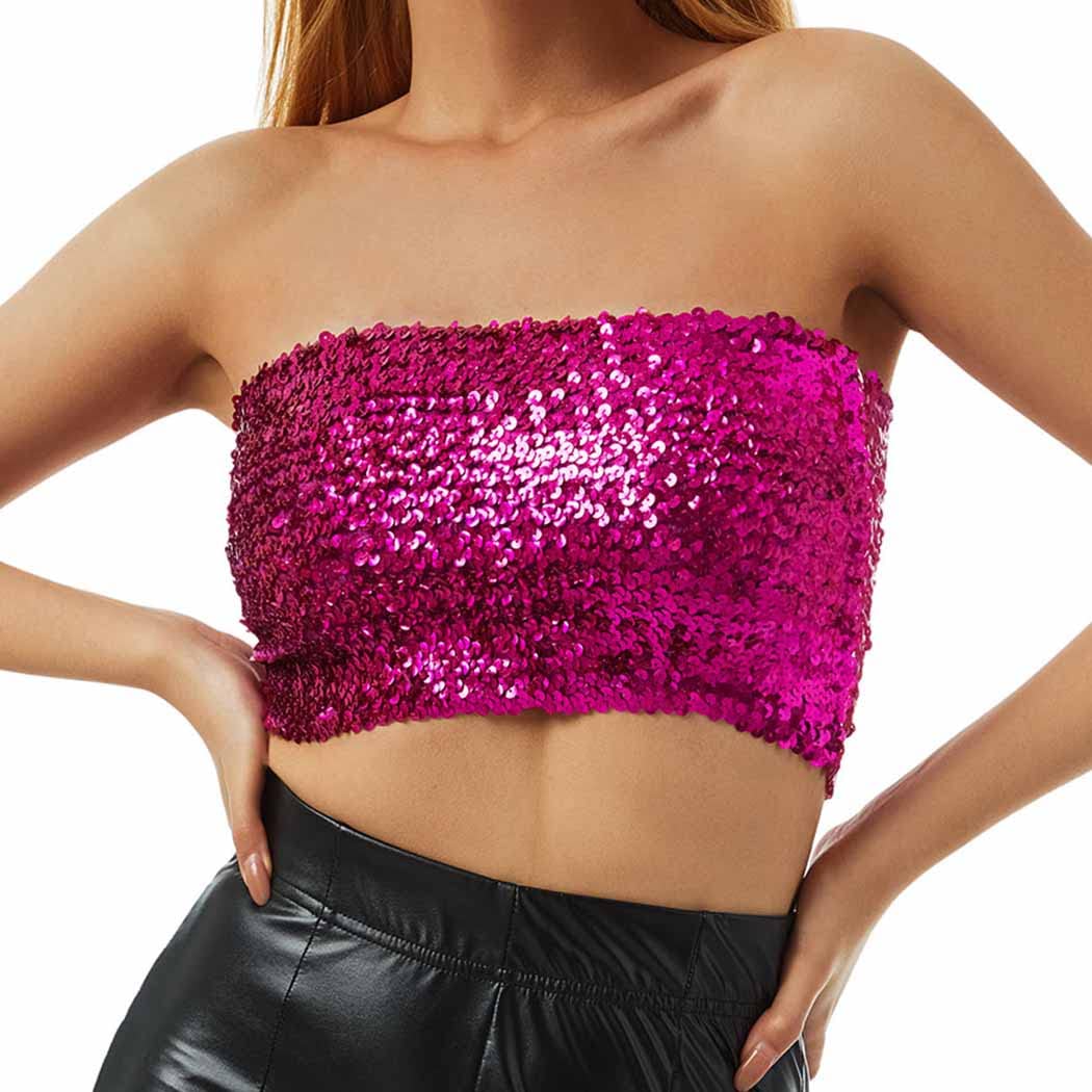 Kakaco Sequins Tube Top Stretch Bandeau Strapless Sequin Crop Top Party  Club Wear Bra Top for