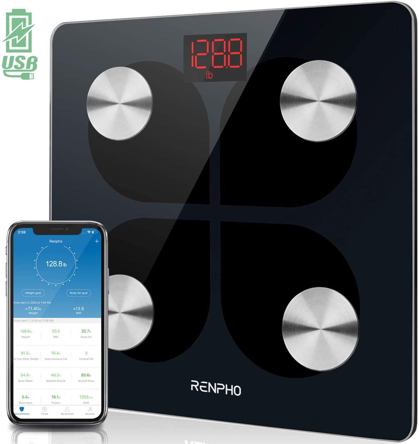 RENPHO Rechargeable Smart Scale Digital Weight and Body Fat USB Weight BMI  Scale, Body Composition Monitor with Smartphone App sync with Bluetooth,  396 lbs