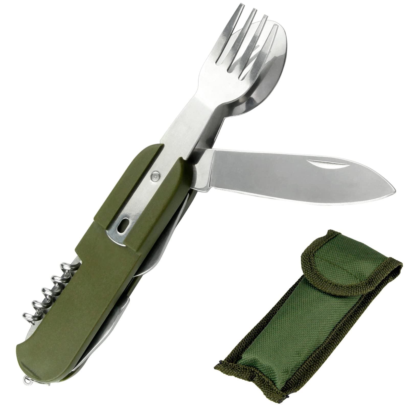 Stainless Steel Kitchen Utensil Set 7-in-1 Folding Tableware  (Fork/Knife/Spoon/Bottle Opener) for Camping Backpack Picnic Cutlery Set  Camp Knife Metal Working Tools and Equipment Utensil Tool Kit Green