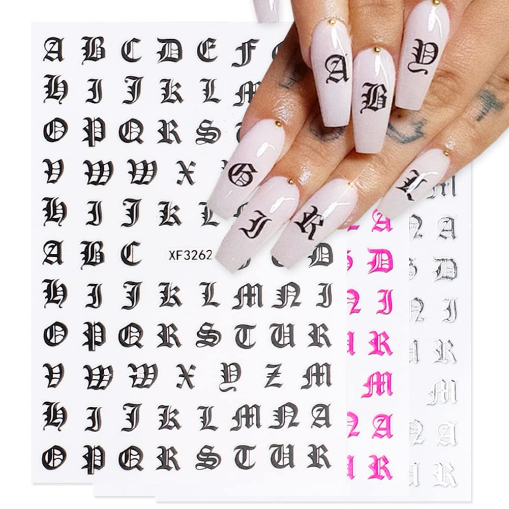 12 Sheets Letter Nail Art Stickers - Alphabet Nail Decals - 3D Self-Adhesive  Nail Art Supplies - Holographic Old English Character Nail Stickers English  Font Designs Manicure Decorations Accessories