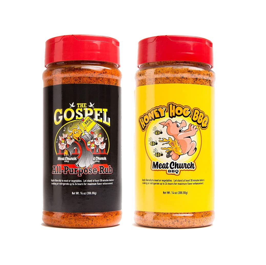 Meat Church BBQ Rub Combo: Honey Hog (14 oz) and The Gospel (14 oz) BBQ Rub  and Seasoning for Meat and Vegetables, Gluten Free, One Bottle of Each