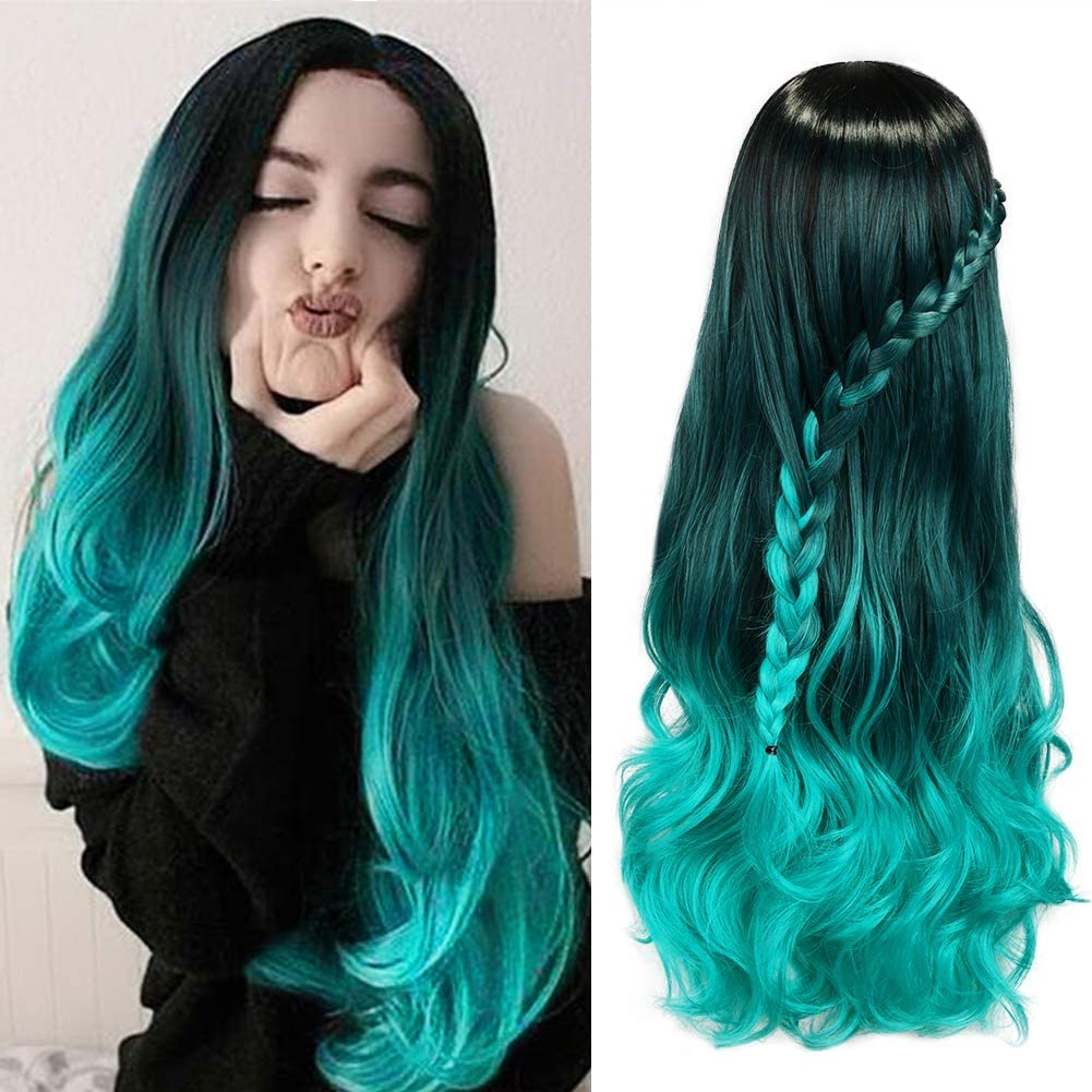 HANNE Ombre Bluish Green Wigs Long Wavy Synthetic Wigs For Women