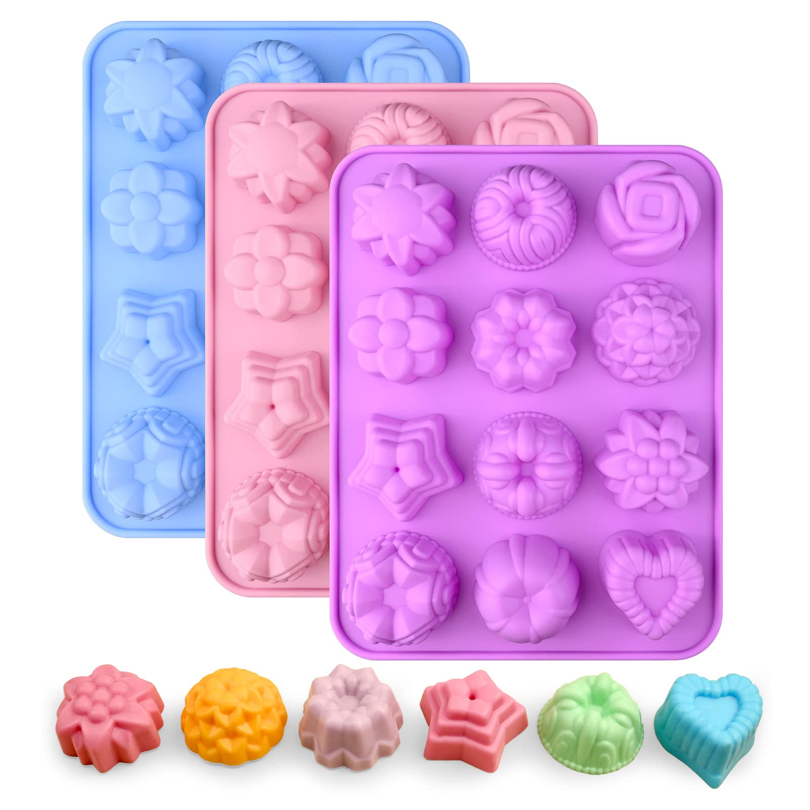 Sj Silicone Soap Molds - 12 Unique Patterns - Hand Soap Molds for Body, Baby, Kids, Baking Mold Cake Pan, Ice Cube Tray, BPA Free, Pack of 2