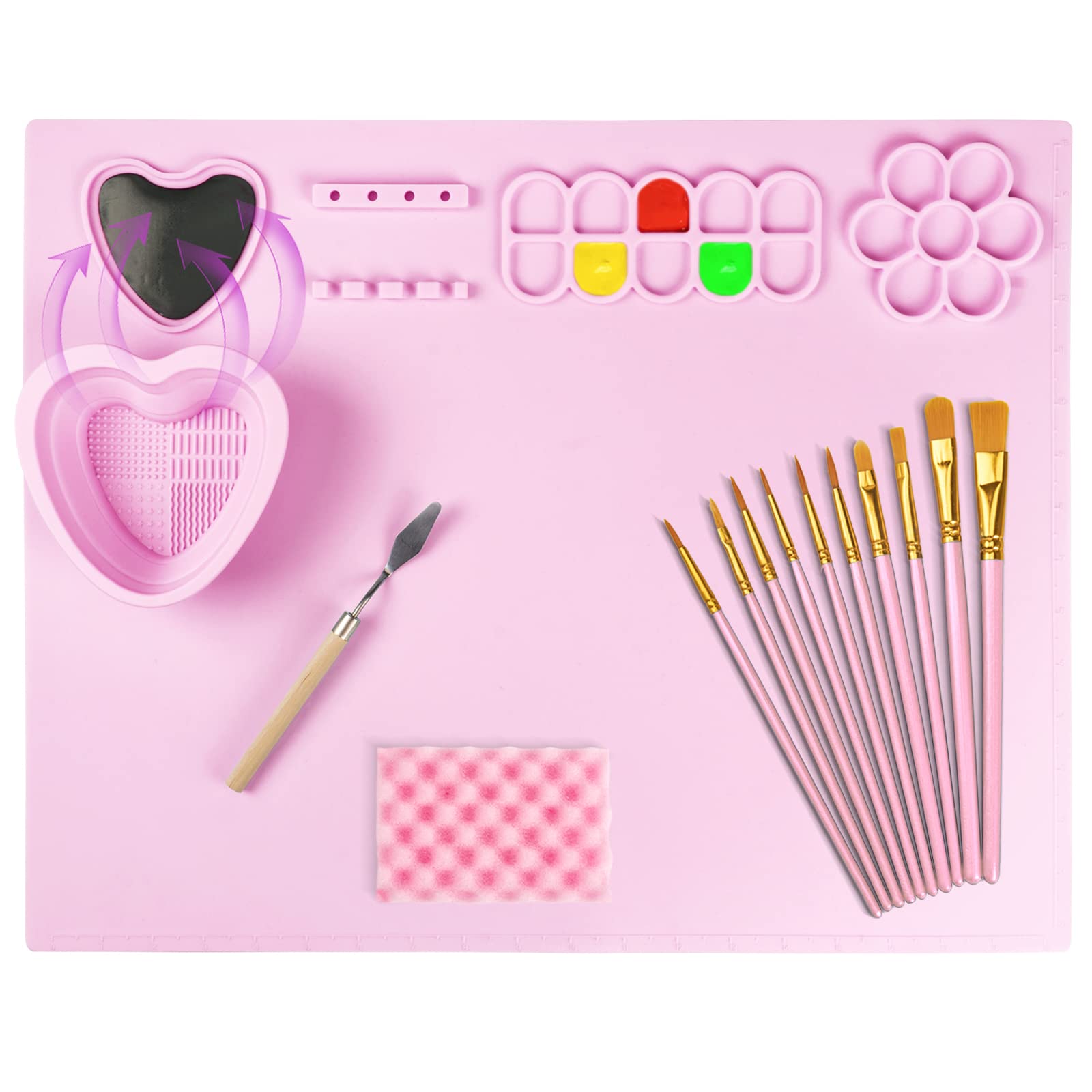  Silicone Painting Mat, Art Mat with Cup, Craft Paint Brush  Cleaner Tool, Artist for Kids Gift Clay DIY Creations (Pink)