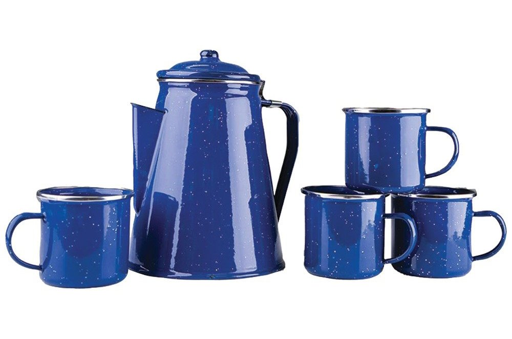 Stansport Enamel Percolator Coffee Pot & 4 Mug Set, White