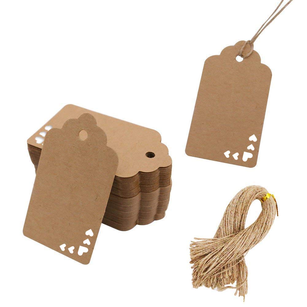 Koogel 100 PCS Gift Heart Tags,Kraft Paper Tags with Natural Jute Twine  Blank Hang Tags