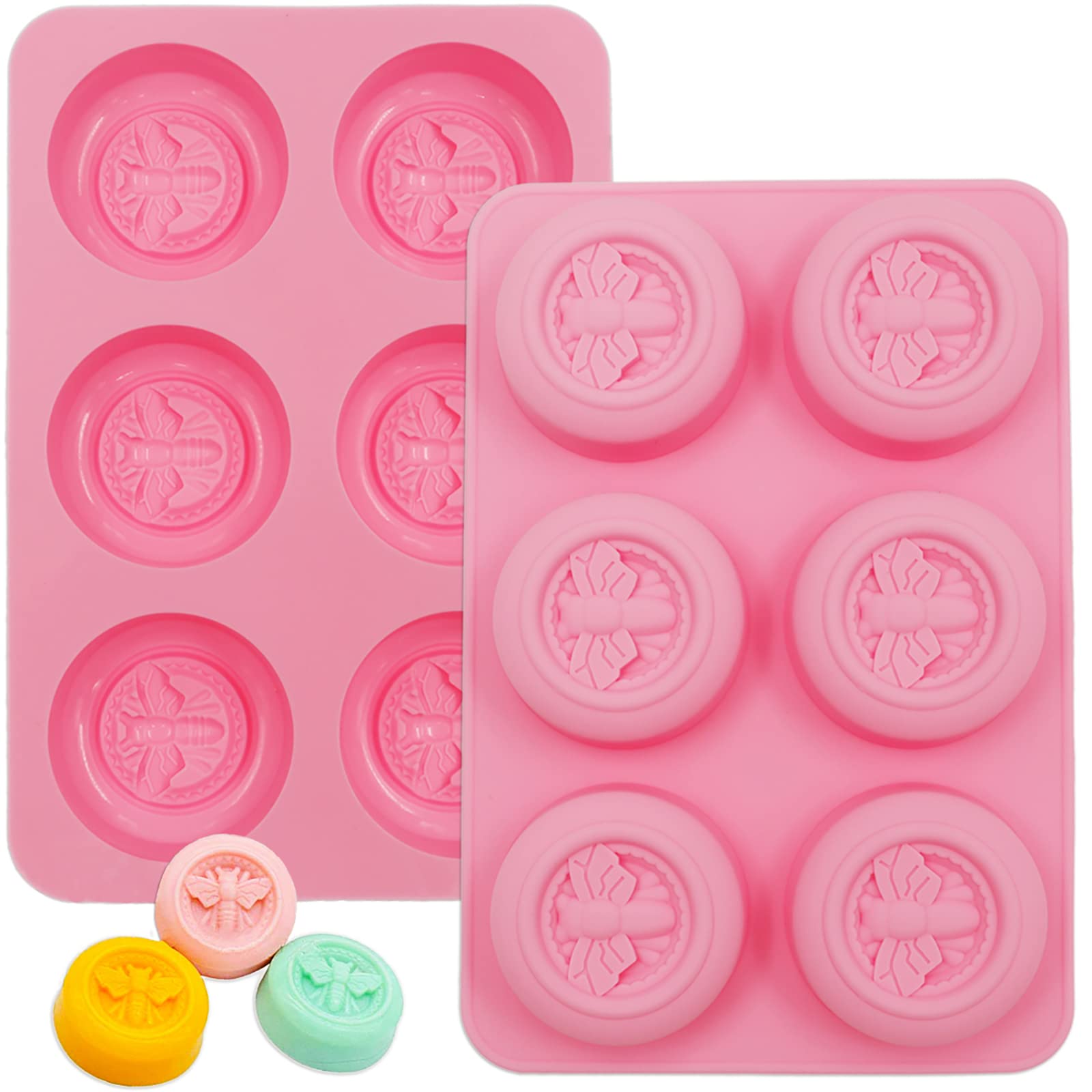 Bee Silicone Molds - Round Honeybee Silicone Molds for Homemade Soaps,  Lotion Bar, Jello, Bath Bomb, Beeswax, Resin, Chocolate and Dessert (Pink)  Round Bee Molds