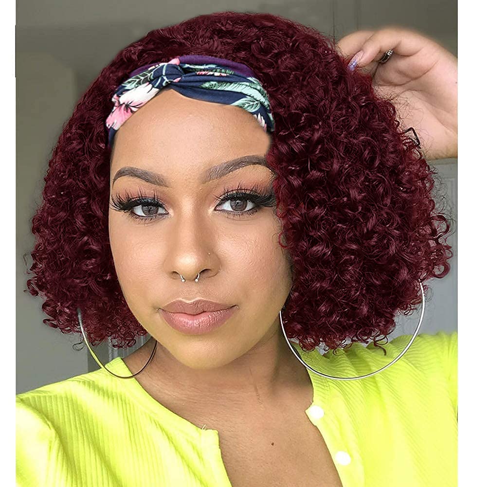 Flandi Short Pixie Cut Curly Headband Wig for Black Women 118# Red Color  Pixie Curly 10'' Headband Wig for Women Glueless Machine Made Pixie Curly  Wavy Wig 10 Inch Curly 118#