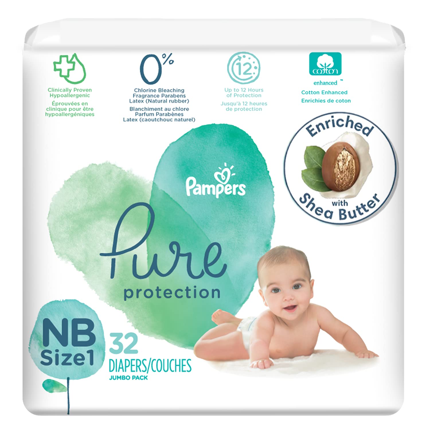 Diapers Newborn/Size 1 (8-14 lb), 32 Count - Pampers Pure Protection  Disposable Baby Diapers, Hypoallergenic