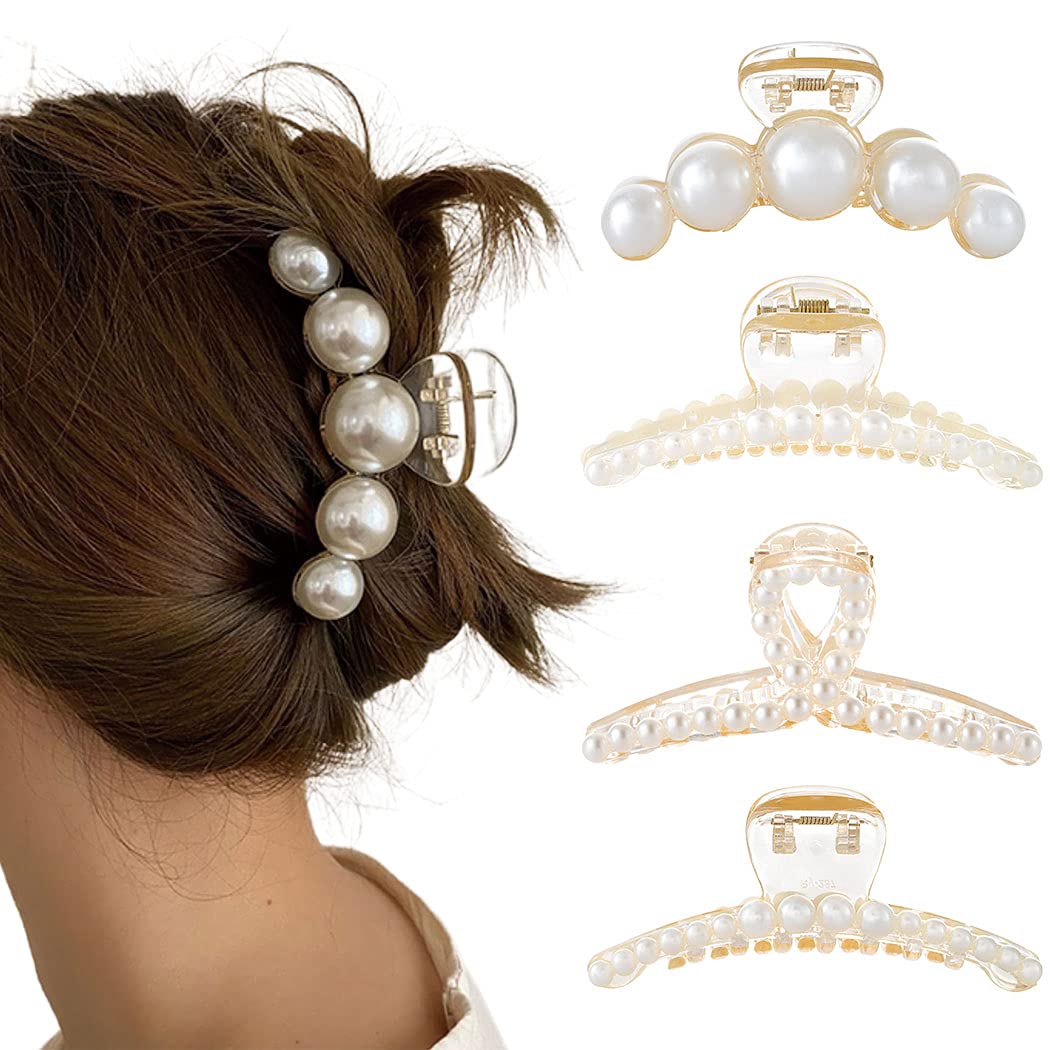 Formery 4PCS Pearl Hair Claw Clips Acrylic Fancy Hair Clips Thick Hair  Barrette Jaw Clamp Curly Hair Accessories for Women