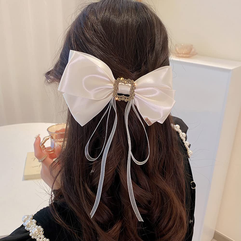 Jumwrit Large Bow Hair Clip Rhinestone Hair Barrette Strong Hold Bowknot  Hair Clip Long Ribbon Hair Bow Vintage Hair Accessories for Women Girls(Off  White)