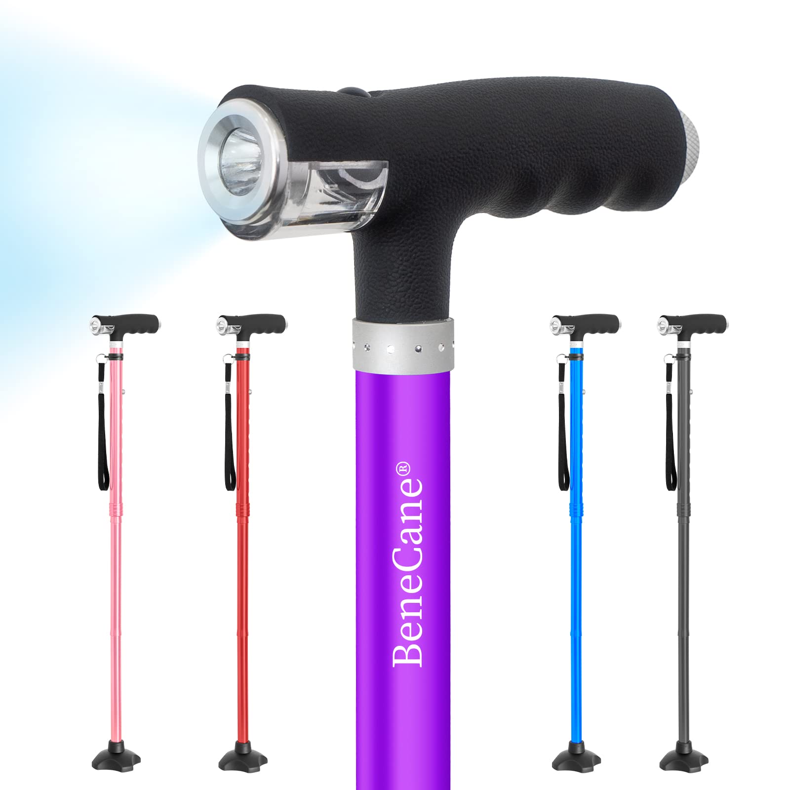 BeneCane Walking Cane for Women Folding Cane for Men with Two Led Lights  Quad Cane with Stable Base Lightweight and Adjustable Walking Stick. Purple