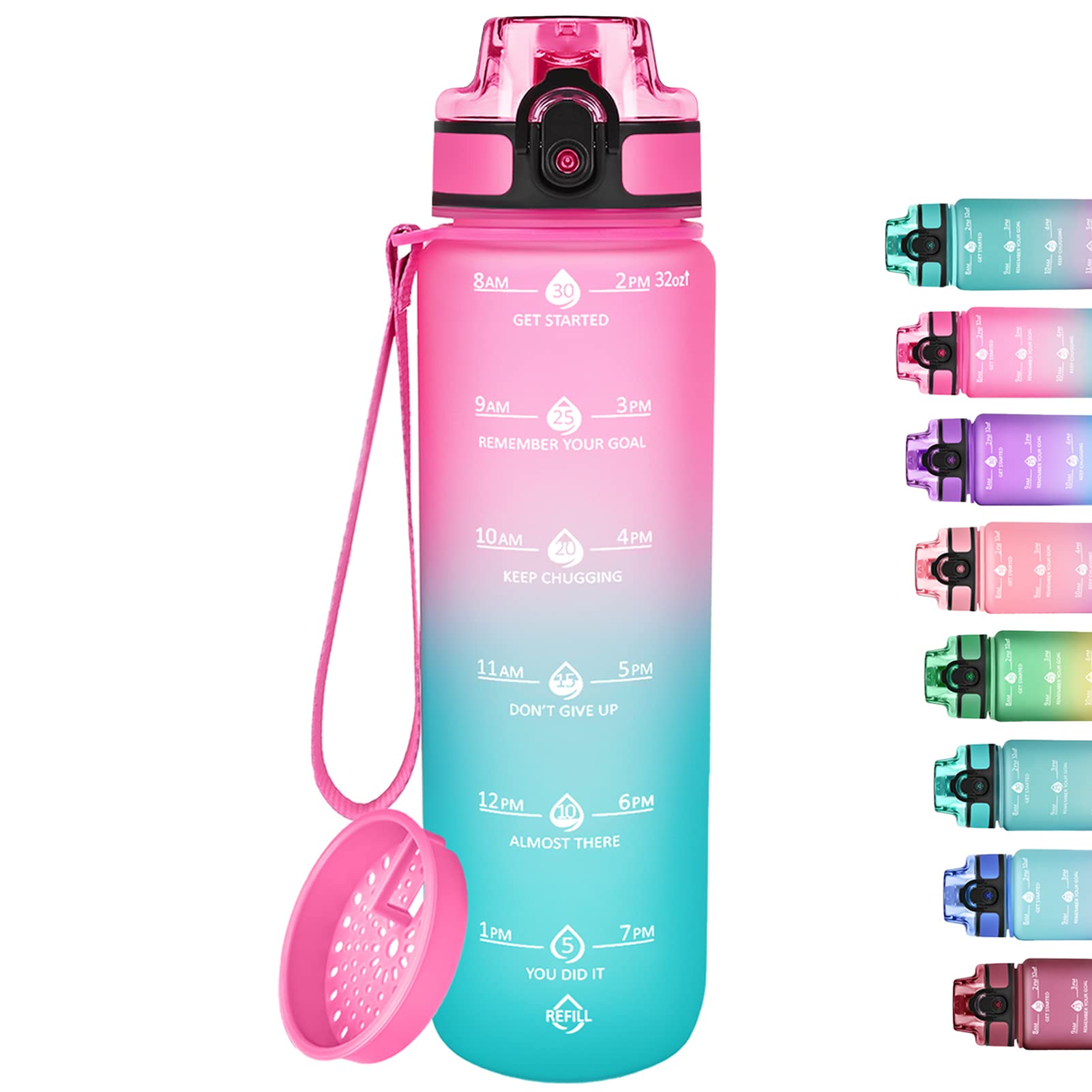 GOSWAG 32oz Motivational Water Bottles with Time Marker & Fruit Strainer,  Sports Water Bottle with Times to Drink, Leakproof & BPA Free, Reusable  Plastic Bottle with Strap no Straw for Gym 