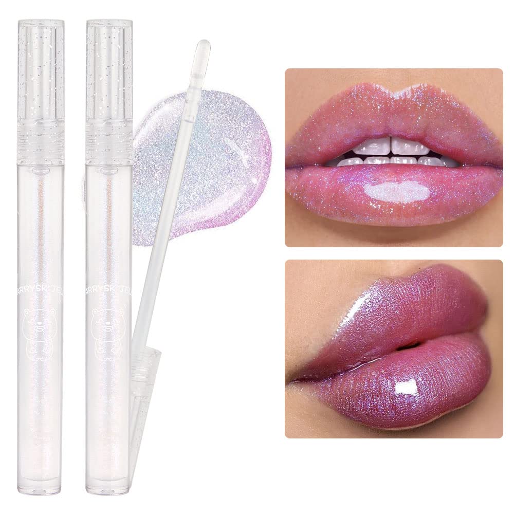 evpct 2Pcs Clear Blue Holographic Glitter Shimmer Plumping Lip Gloss Glosses  Set Kit Clear Pack Hydrating Moisturizing Glossy Shiny Glimmer Golw Water  Transparent Lipstick Lip Gloss Care 5g/0.176oz 0.18 Fl Oz (Pack