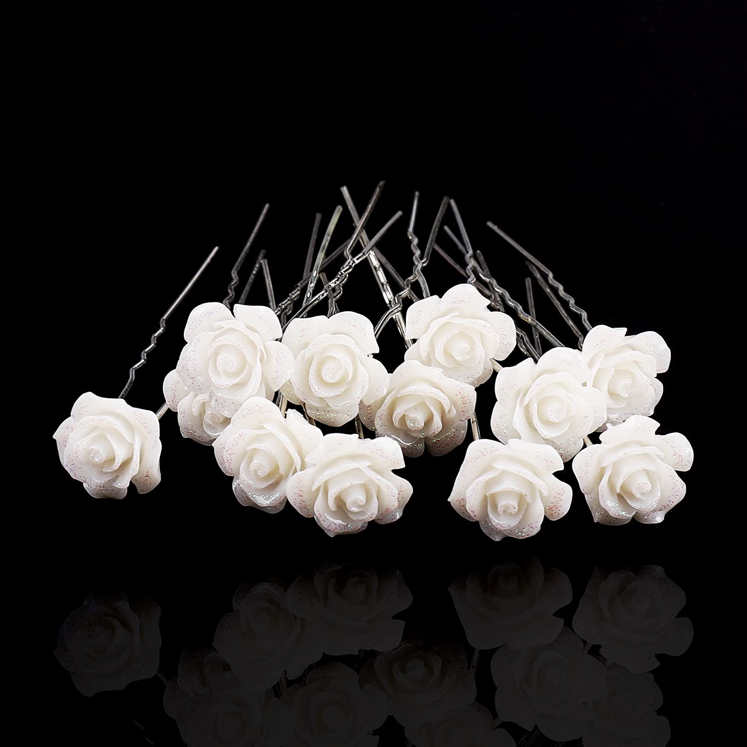 12 Pieces Wedding Flower Hair Pins, White Rose Flower Hair Pins U-Shaped  Hairpins for Bridal