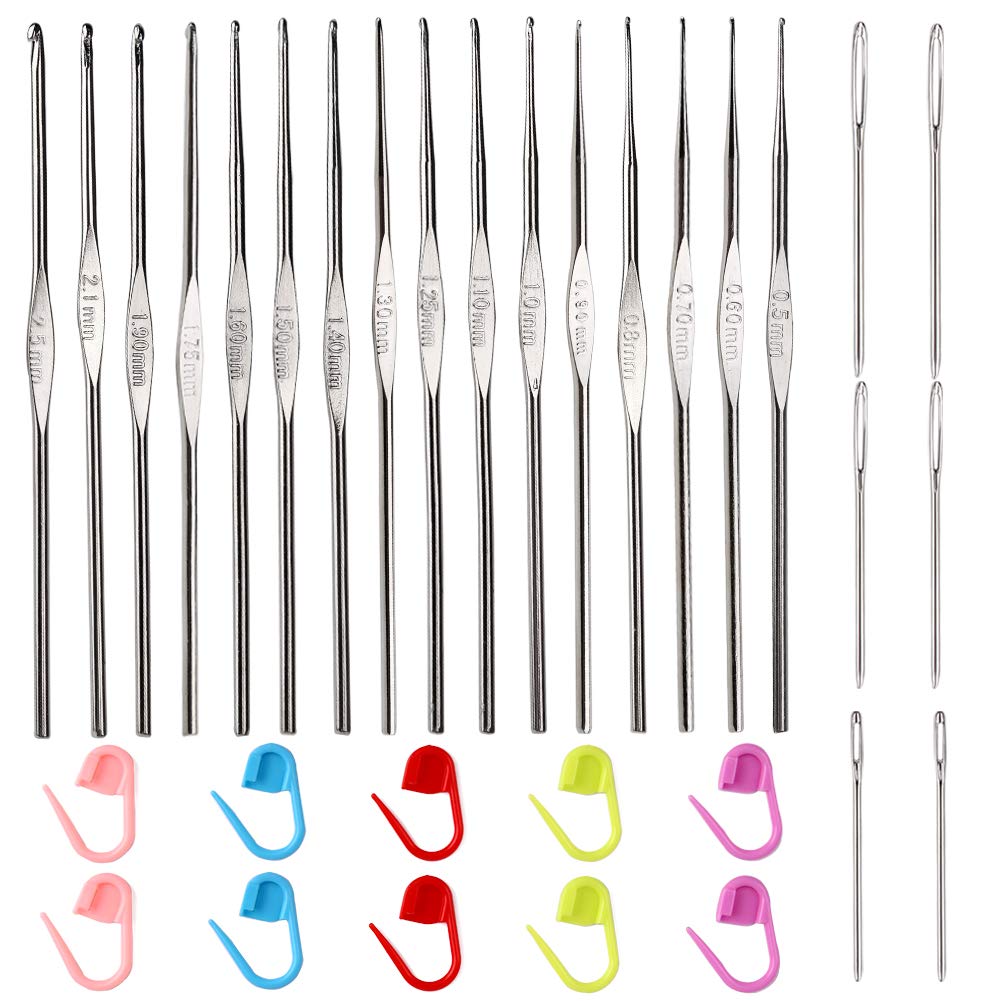 16 PCS Lace Crochet Hooks Set, 0.5mm-2.5mm Aluminum Crochet Hooks Set with  6 PCS Large-Eye Blunt Needles and 10 PCS Stitch Markers, Perfect for  Lacework 33 PCS