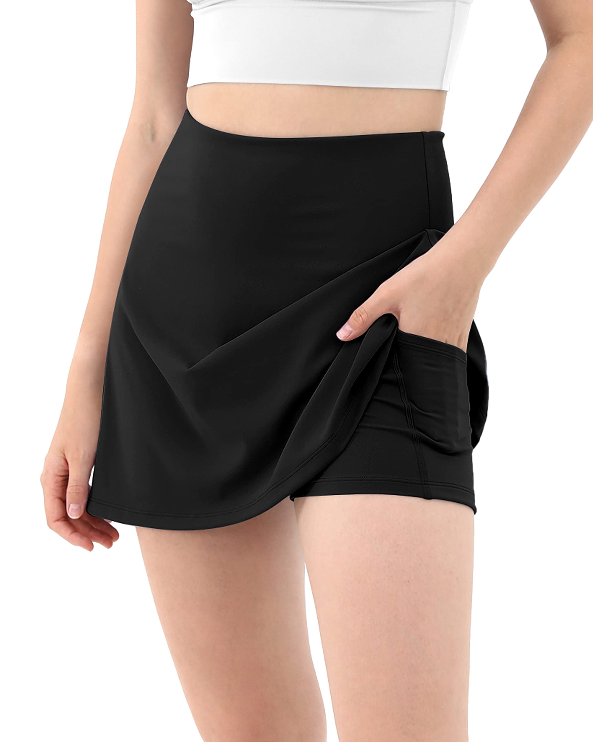 ODODOS Women's Athletic Tennis Skorts with Pockets Built-in Shorts Golf  Active Skirts for Sports Running Gym Training Black Large