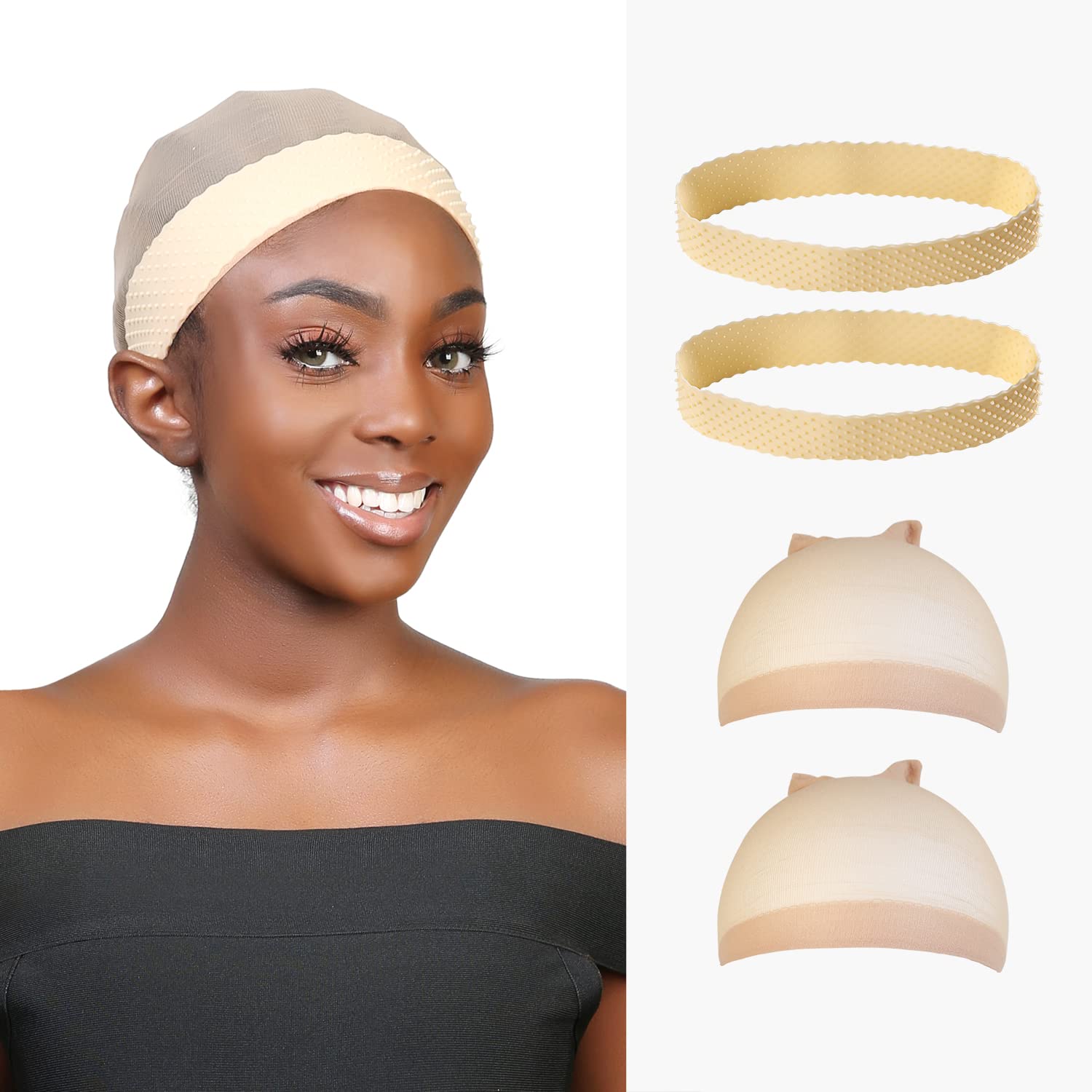 STUDIO LIMITED Flexible Silicone Non Slip Wig Band Silicone Wig Hold Wigs  Grip Head Band Non Slip Transparent Wigs Men Women Sports Yoga (Natural - 2 Wig  Bands & 2 pcs Wig Caps)